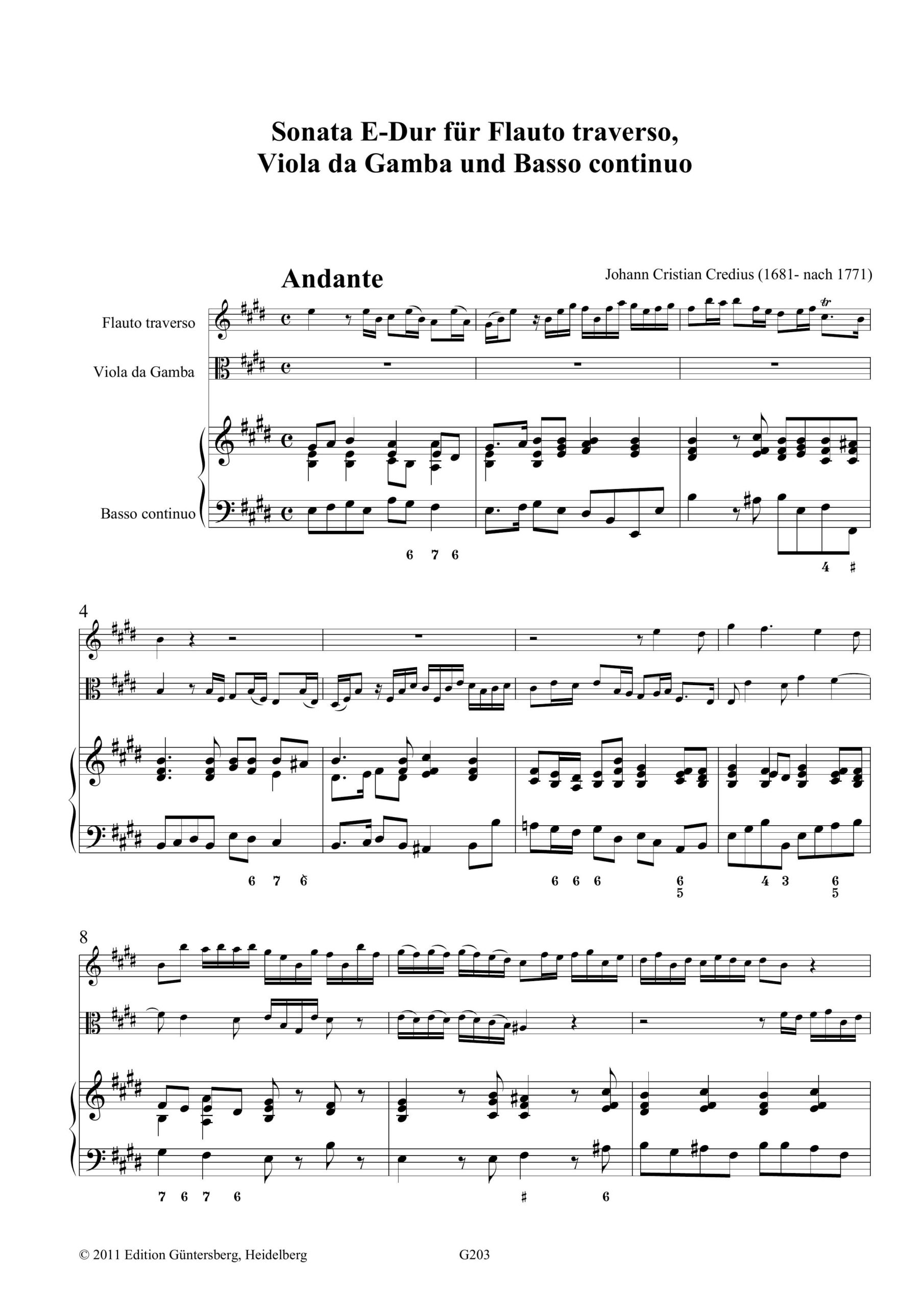 Johann Christian Credius (1681-nach
1735) Sonata E-Dur - für Flauto traverso, Viola da Gamba und Basso continuo – Bild 4