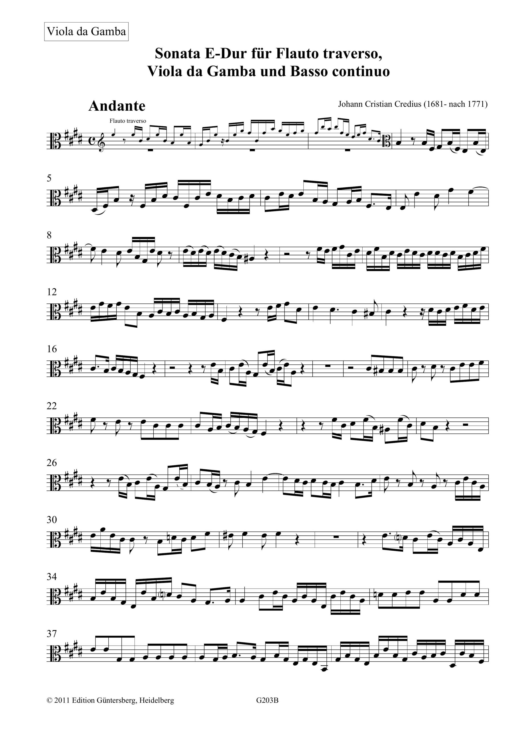 Johann Christian Credius (1681-nach
1735) Sonata E-Dur - für Flauto traverso, Viola da Gamba und Basso continuo – Bild 5