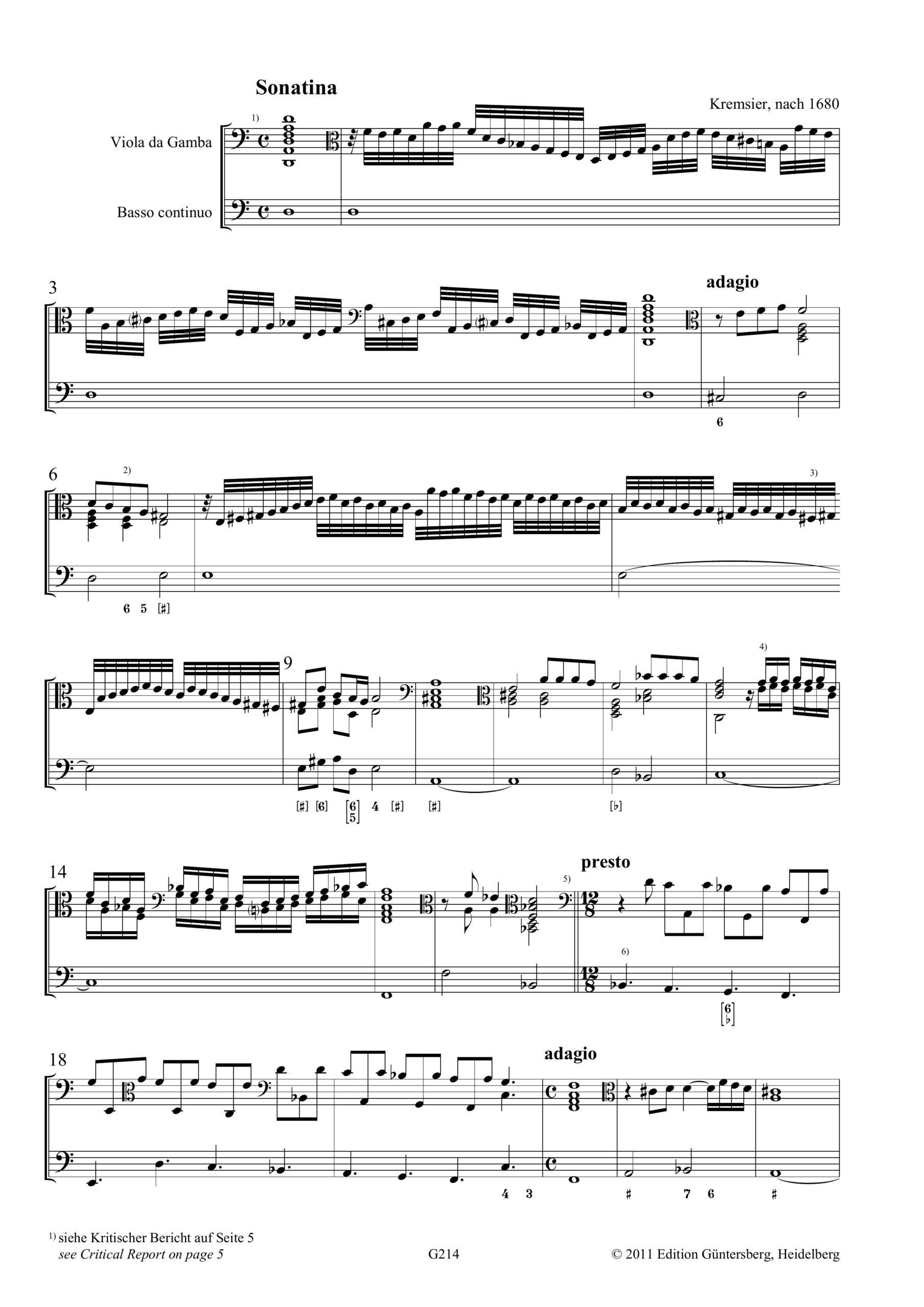 Anonym (Kremsier, nach 1680) Kremsierer Gambensonate - Sonatina in d für Viola da Gamba und Basso continuo – Bild 15