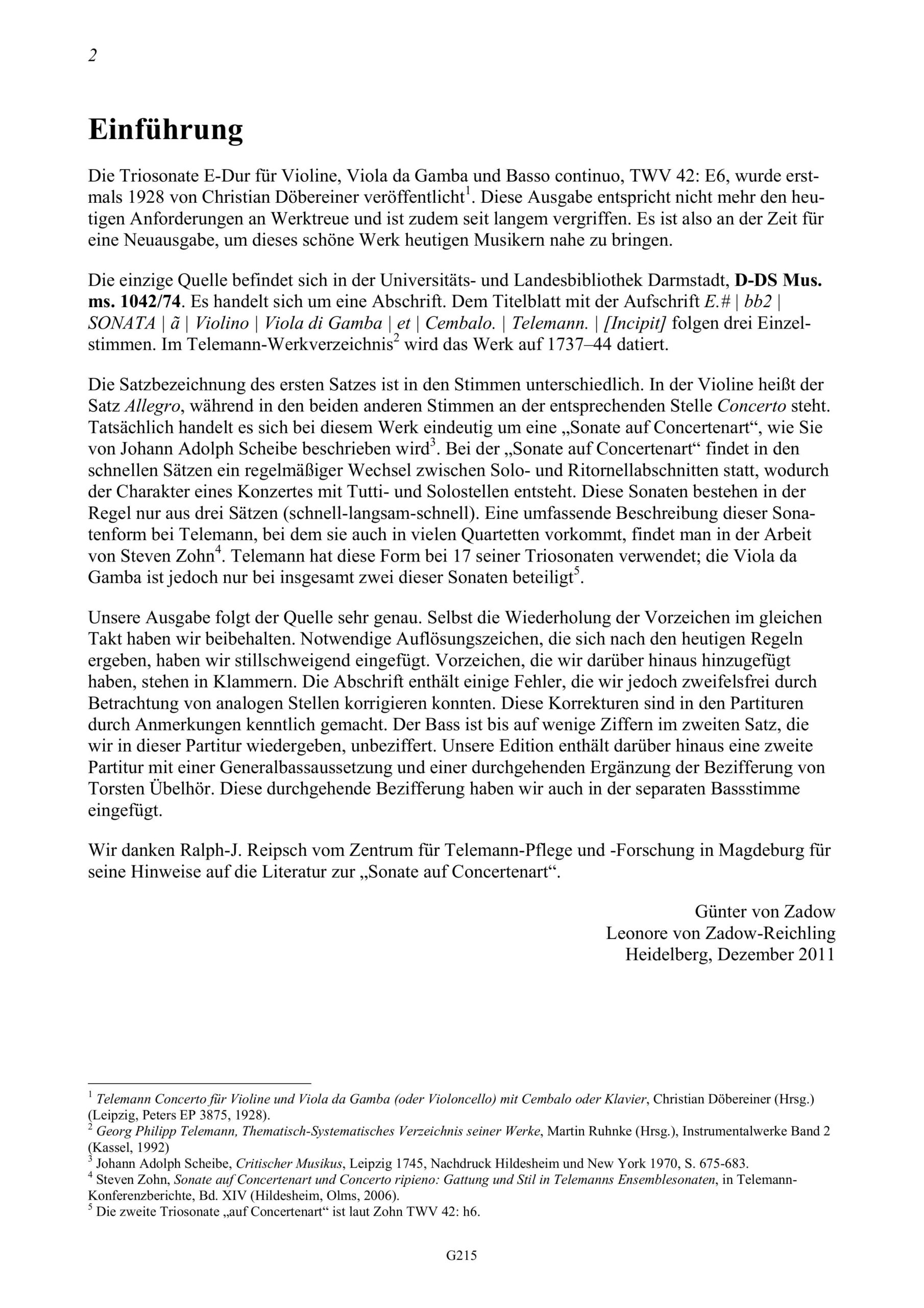 Georg Philipp Telemann (1681-1767) Sonata E-Dur für Violine, Viola da Gamba und Basso continuo - TWV 42:E6 – Bild 2