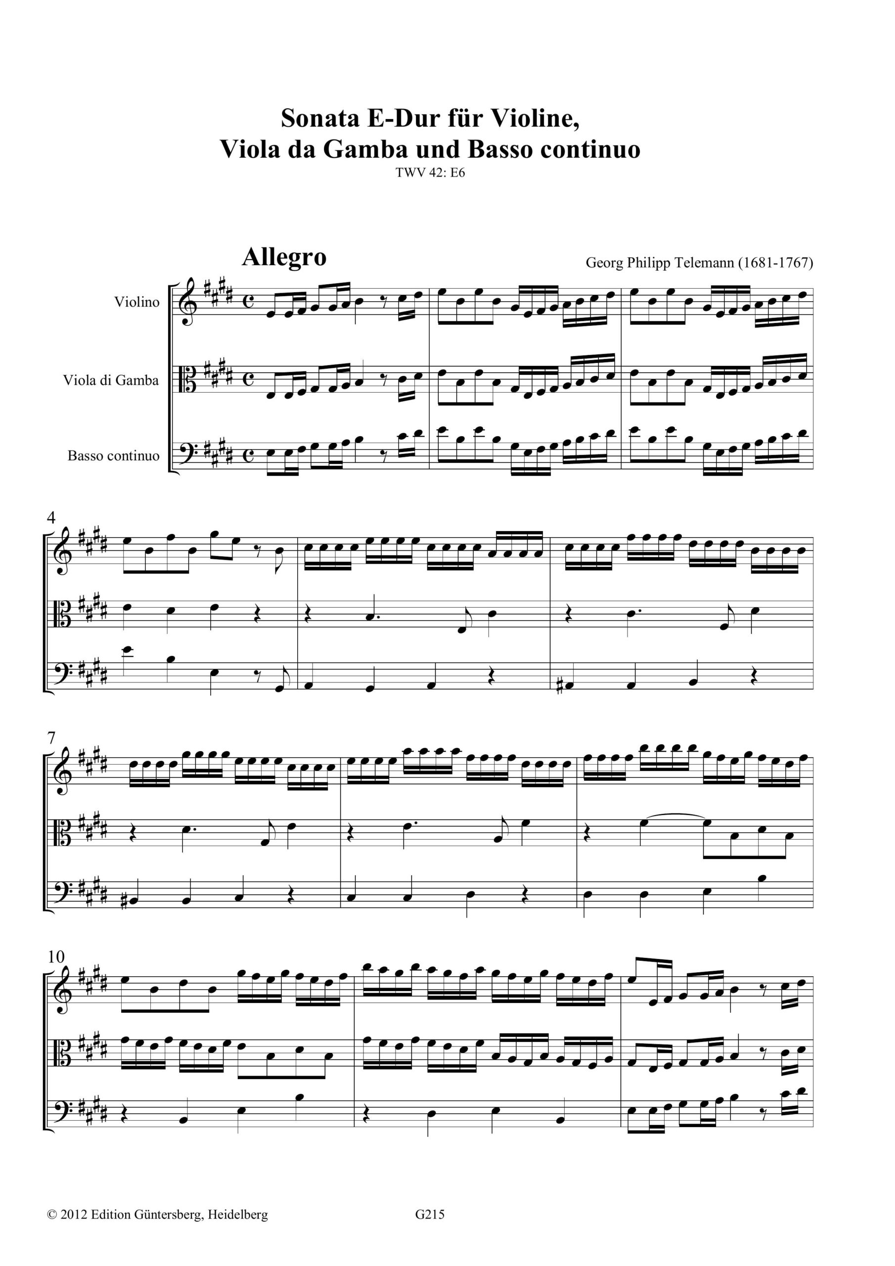Georg Philipp Telemann (1681-1767) Sonata E-Dur für Violine, Viola da Gamba und Basso continuo - TWV 42:E6 – Bild 7