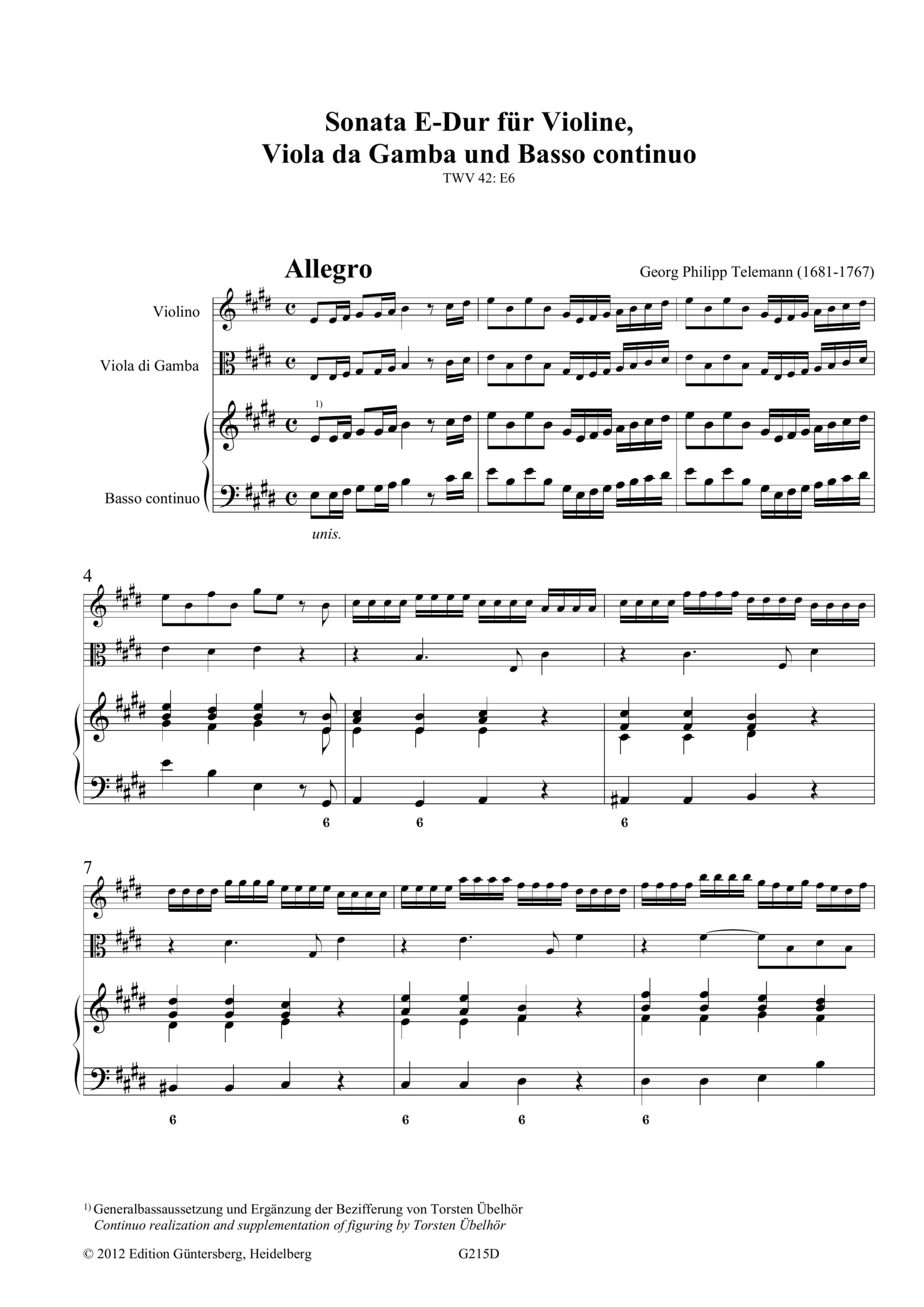 Georg Philipp Telemann (1681-1767) Sonata E-Dur für Violine, Viola da Gamba und Basso continuo - TWV 42:E6 – Bild 8