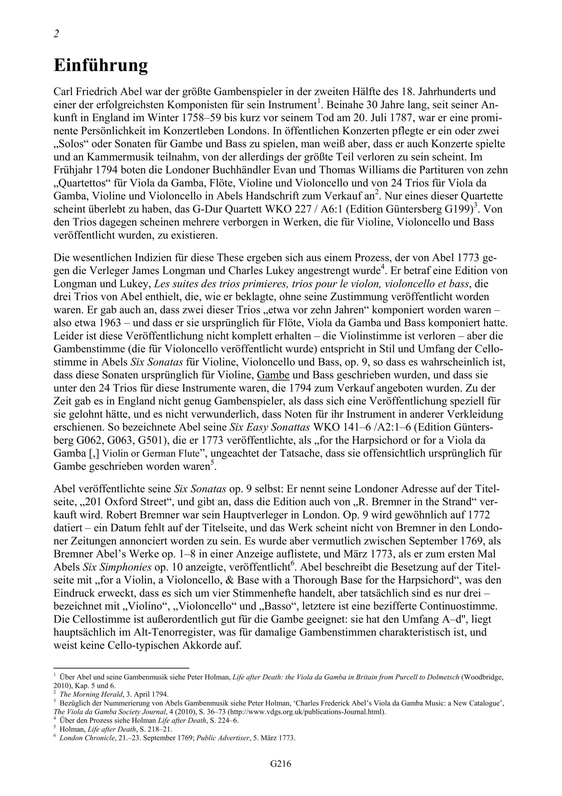 Carl Friedrich Abel (1723-1787) Six Sonatas op. 9 - für Violine, Violoncello/Viola da Gamba und Basso continuo – Bild 2