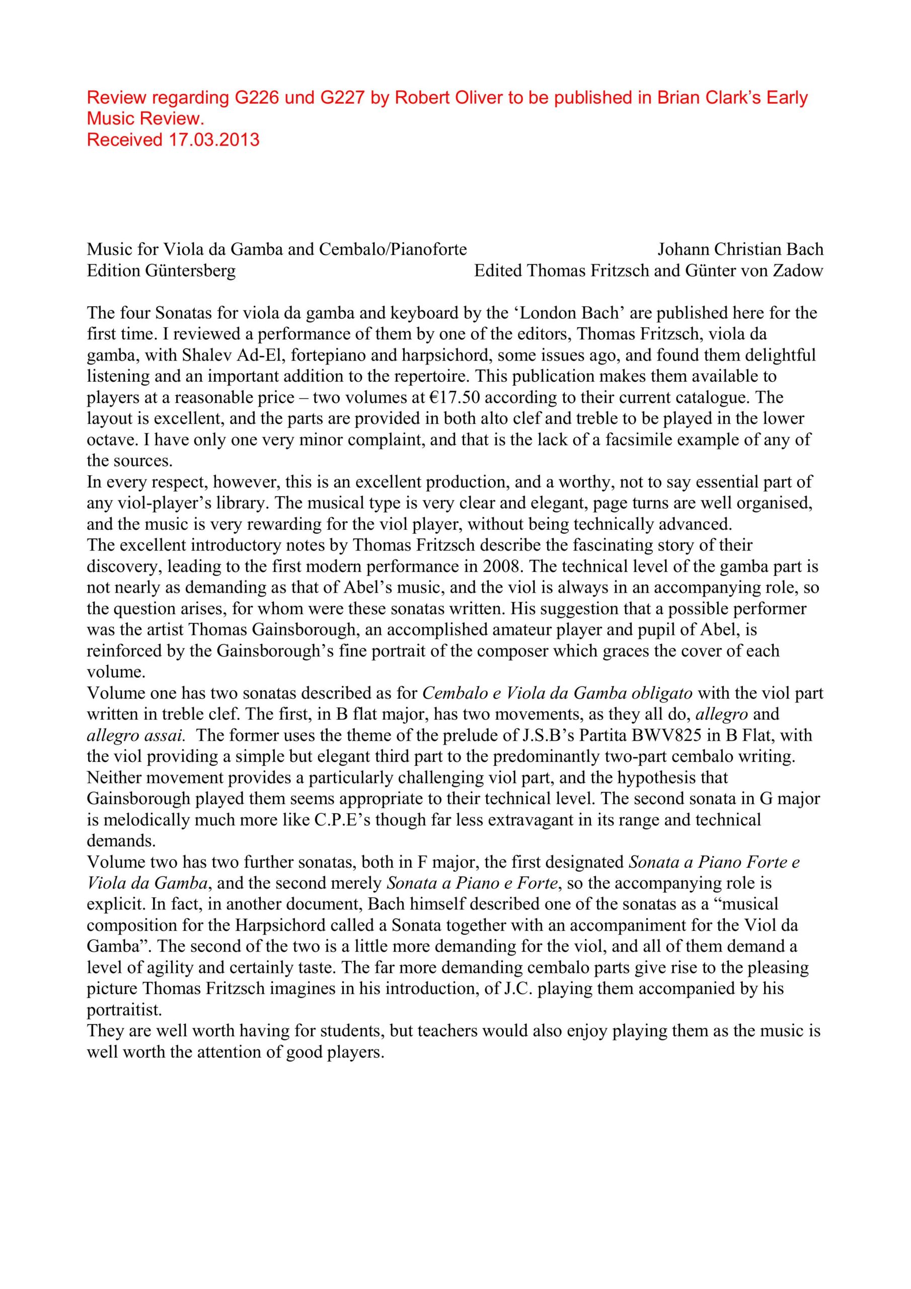 Johann Christian Bach (1735-1782) Vier Sonaten für Cembalo / Pianoforte und Viola da Gamba - Besprechungen / Reviews – Bild 10
