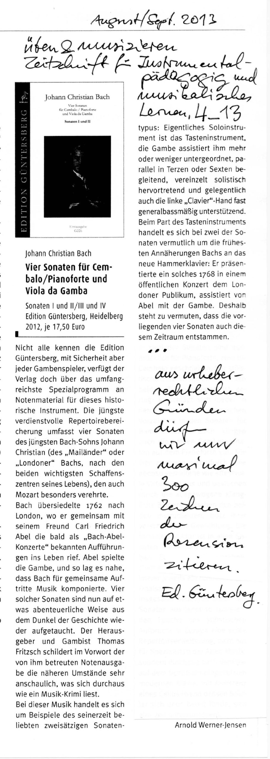 Johann Christian Bach (1735-1782) Vier Sonaten für Cembalo / Pianoforte und Viola da Gamba - Besprechungen / Reviews – Bild 11