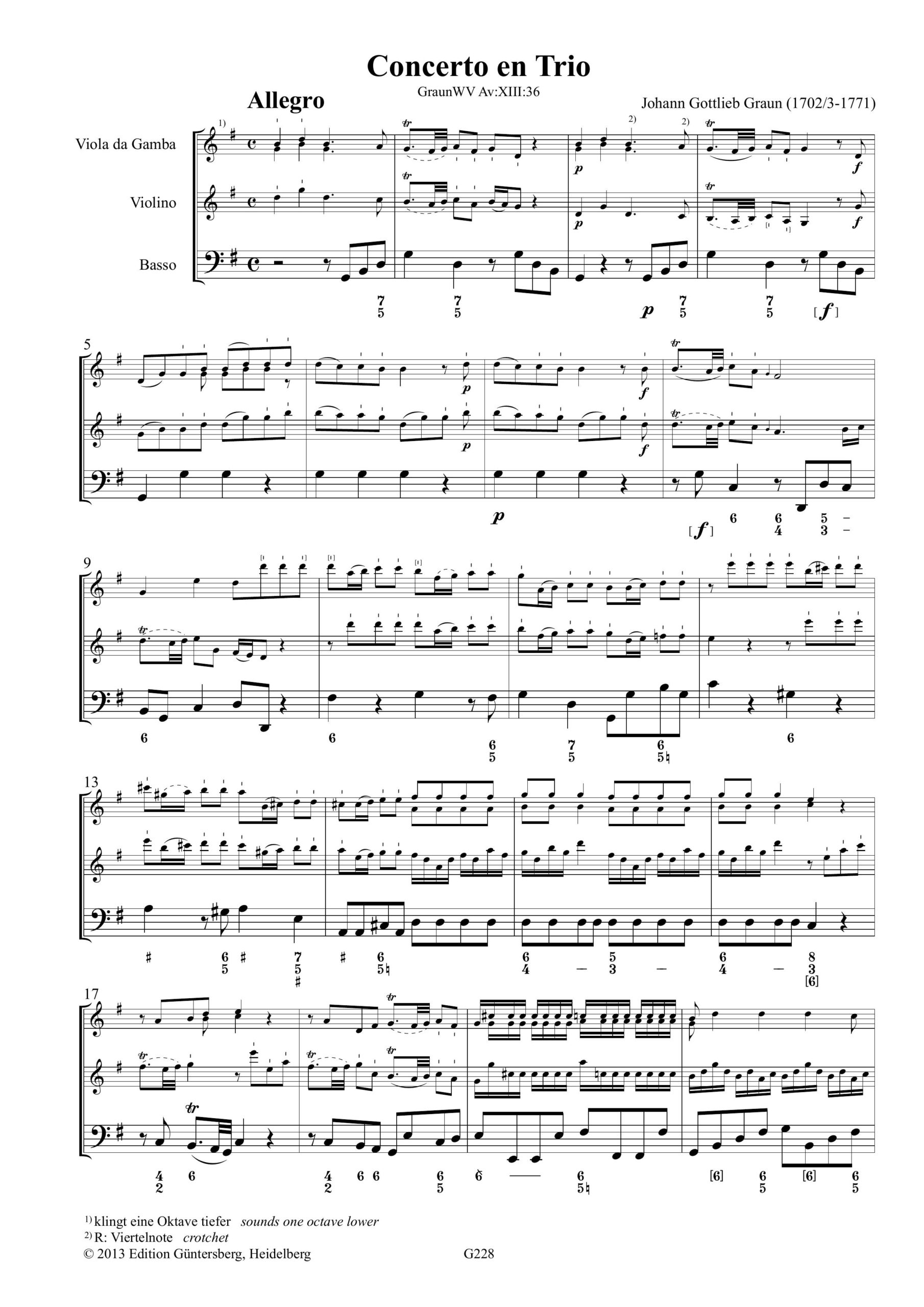 Johann Gottlieb Graun (1702/3-1771) Concerto en Trio, GraunWV Av:XIII:36 - für Viola da Gamba, Violine und Basso continuo – Bild 6