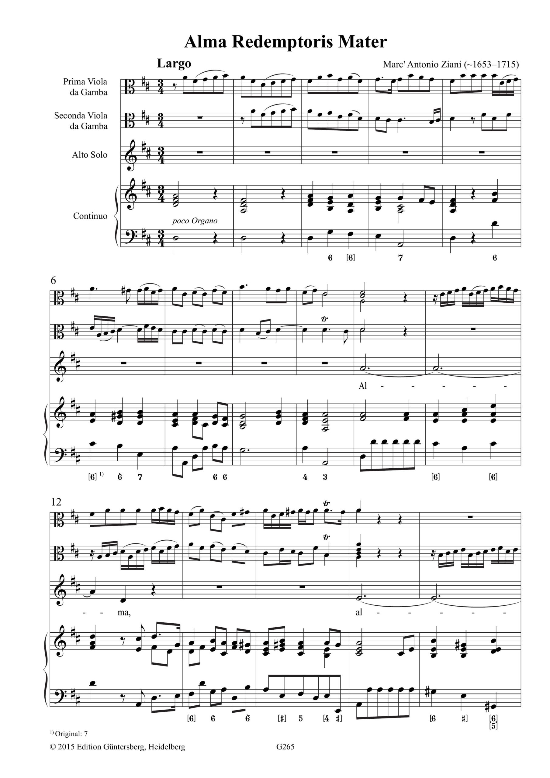 Marc' Antonio Ziani (~1653-1715) Alma
Redemptoris Mater - Geistliche Solomotette für Alt, zwei Violen da Gamba und Basso
continuo, Wien 1713 – Bild 6