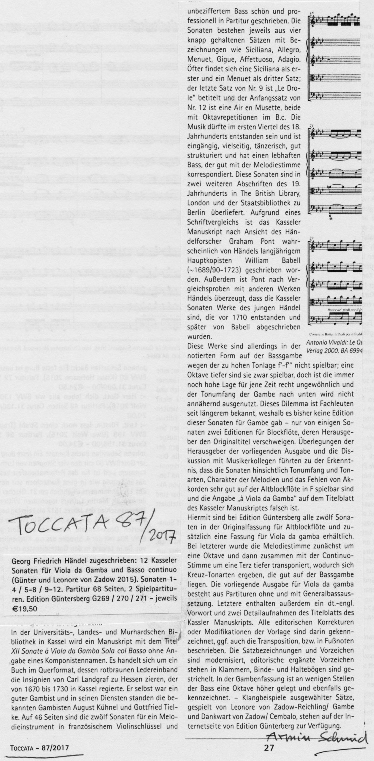 Georg Friedrich Händel, zugeschrieben (1685-1759) Zwölf Kasseler Sonaten für Viola da Gamba
und Basso continuo - Manuskript 2° Ms. Mus. 35 der Universitätsbibliothek Kassel – Bild 7