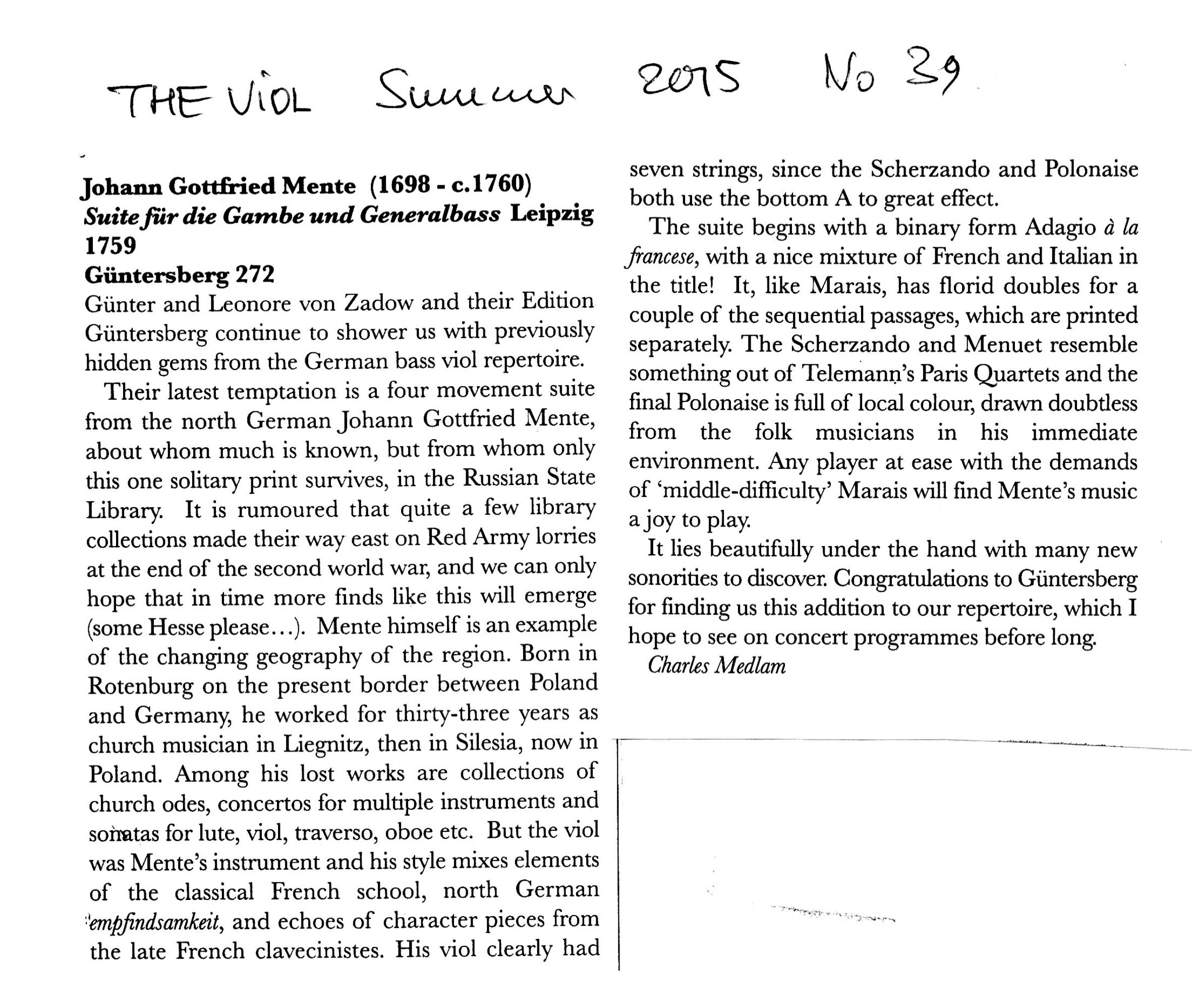 Johann Gottfried Mente (1698-ca.
1760) Suite für die Gambe und Generalbass - Leipzig 1759 – Bild 4