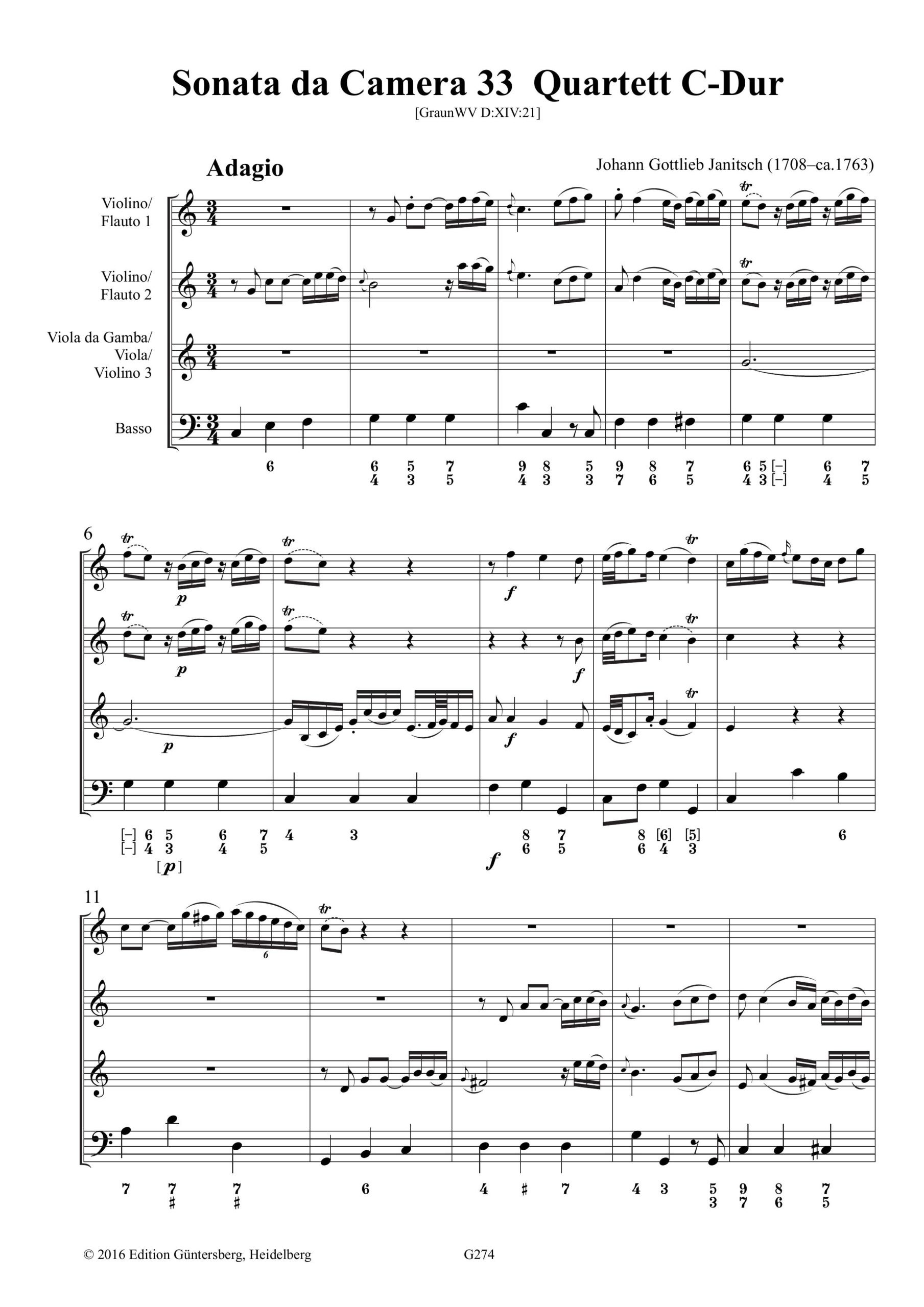 Johann Gottlieb Janitsch (1708 – ca.
1763) Sonata da Camera 33 - Quartett C-Dur für zwei Violinen/Flöten, Viola da Gamba/Viola/Violine
und Basso - Image 5