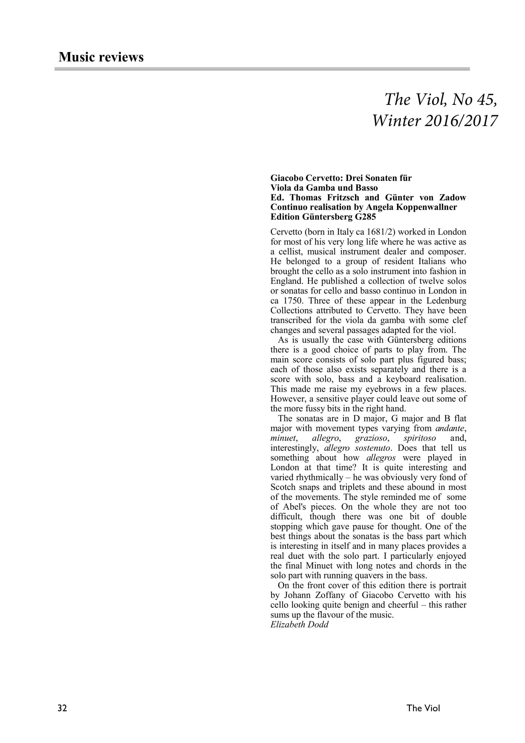 Giacobo Cervetto (1681/1682-1783) Drei Sonaten für Viola da Gamba und Basso - Besprechungen / Reviews – Bild 4