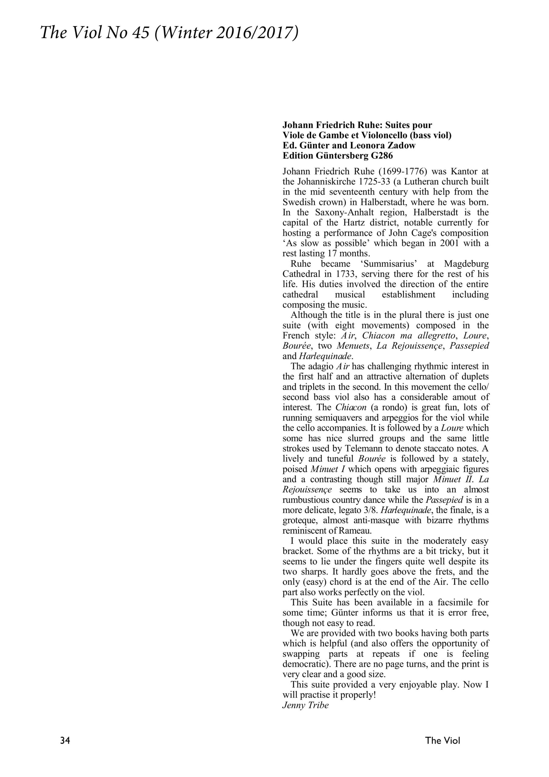 Johann Friedrich Ruhe (1699-1776) Suites pour Viole de Gambe et Violoncello - Besprechungen / Reviews – Bild 3