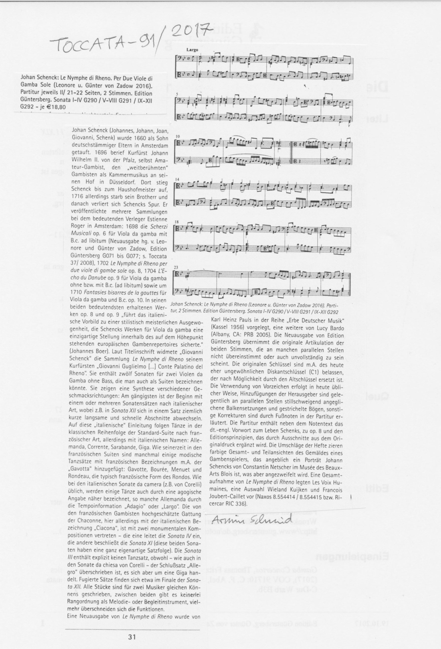 Johan Schenck (1660 –1717?) Le Nymphe
di Rheno - Per Due Viole Di Gamba Sole – Bild 3