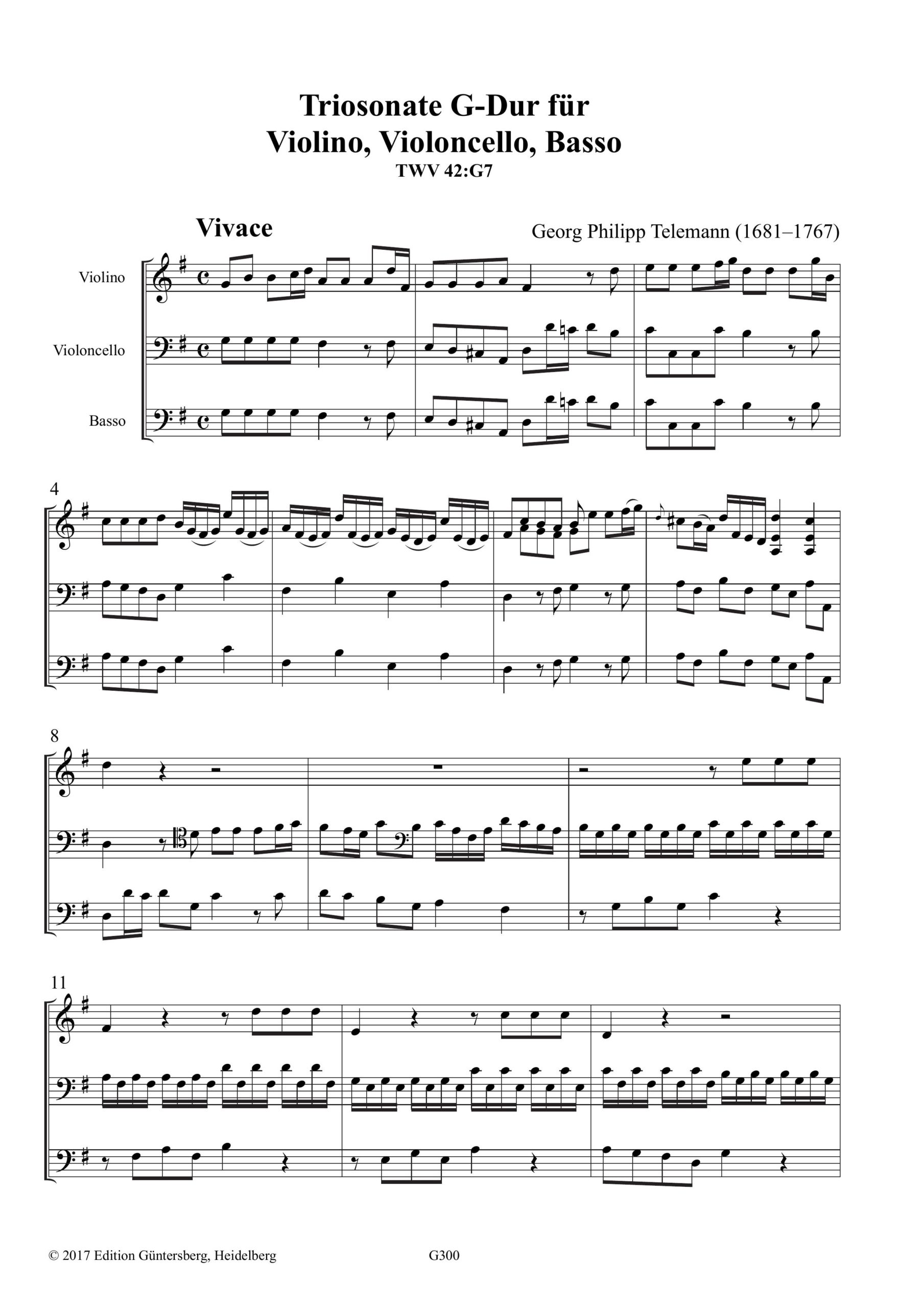 Georg Philipp Telemann (1681–1767) Triosonate G-Dur für Violino, Violoncello und Basso - TWV 42:G7 – Bild 3