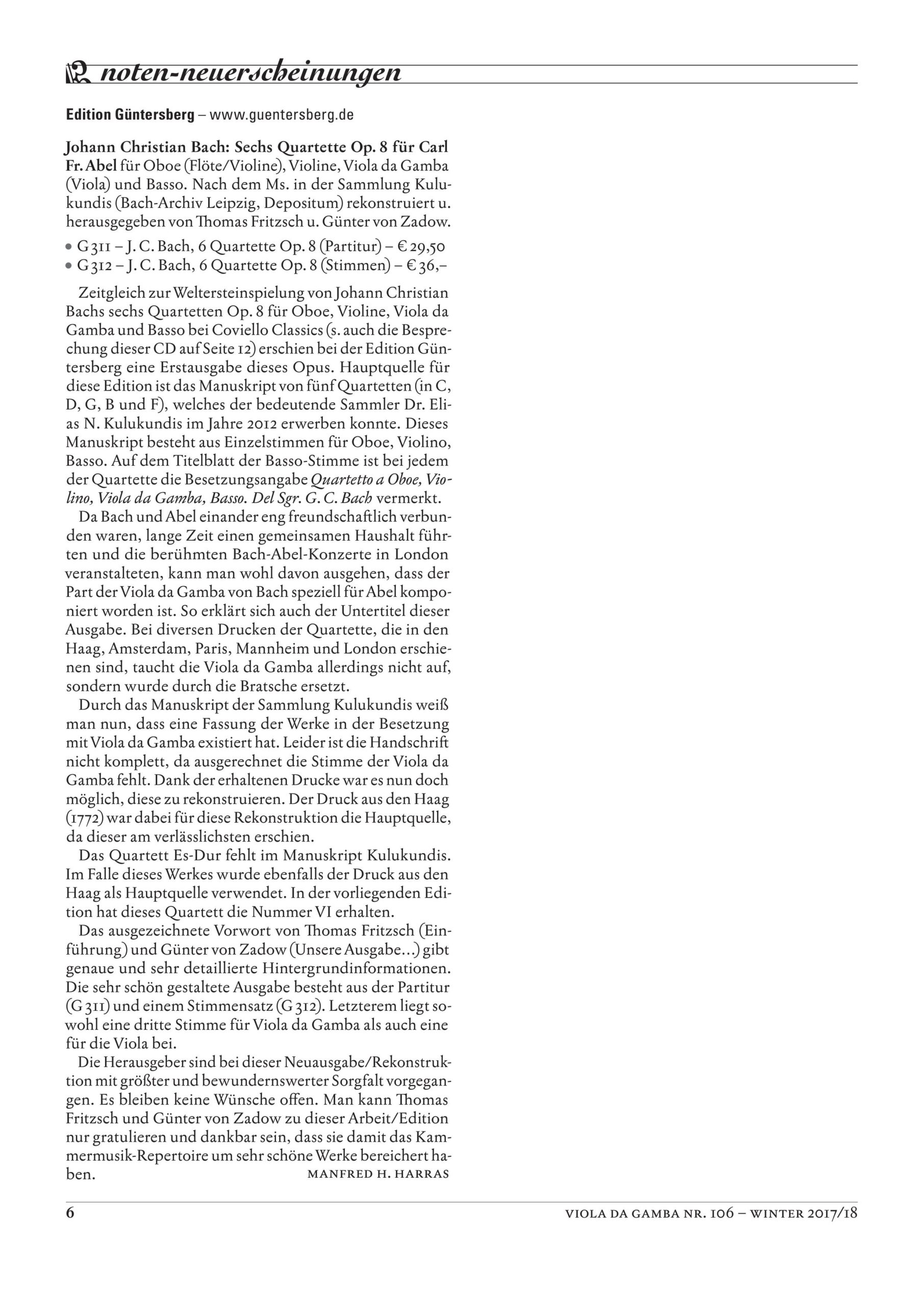 Johann Christian Bach (1735-1782) Sechs Quartette für Carl Friedrich Abel Op. 8 - für Oboe (Flöte, Violine), Violine, Viola da Gamba (Viola) und Basso – Bild 7