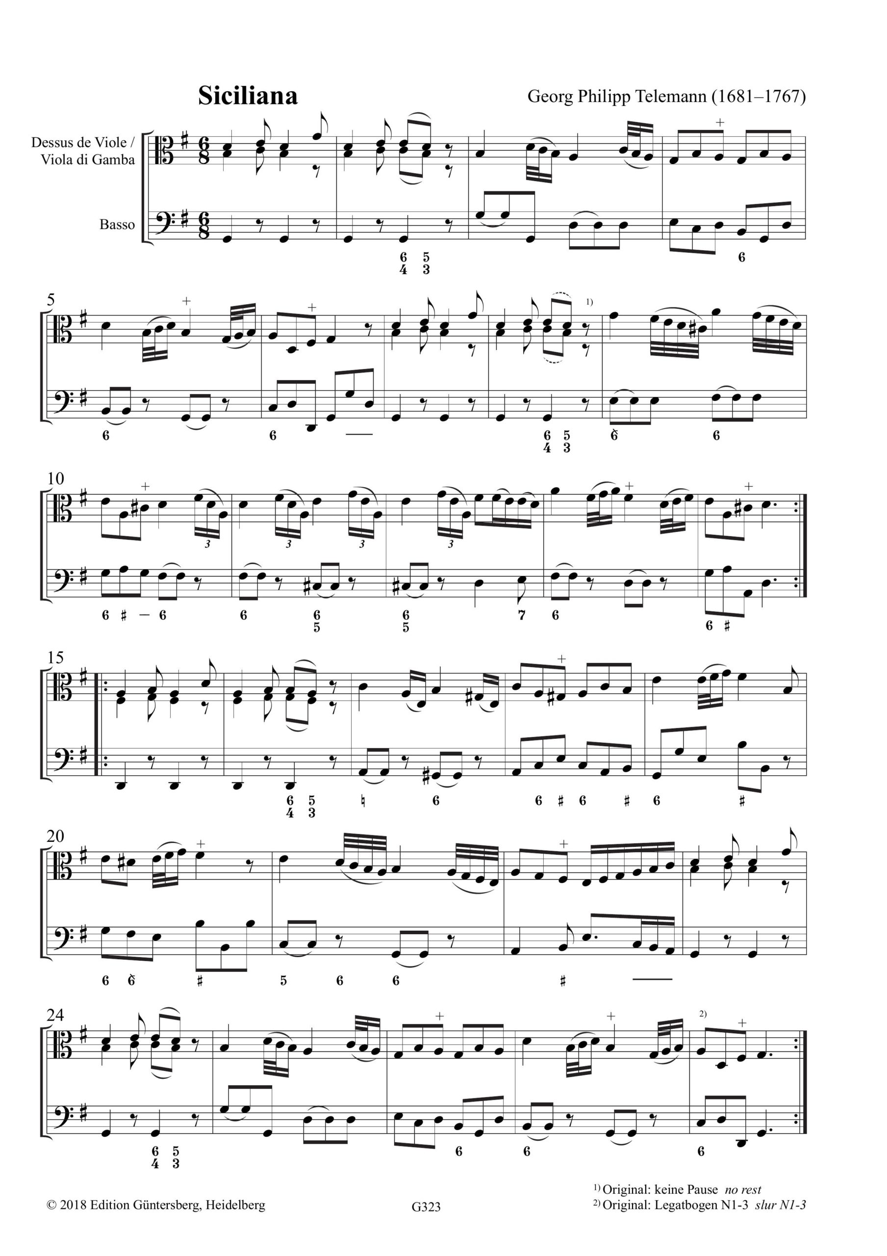 Georg Philipp Telemann (1681–1761) Sonata G-Dur für Diskant- oder Bassgambe und Basso continuo - TWV 41:G6 – Bild 3