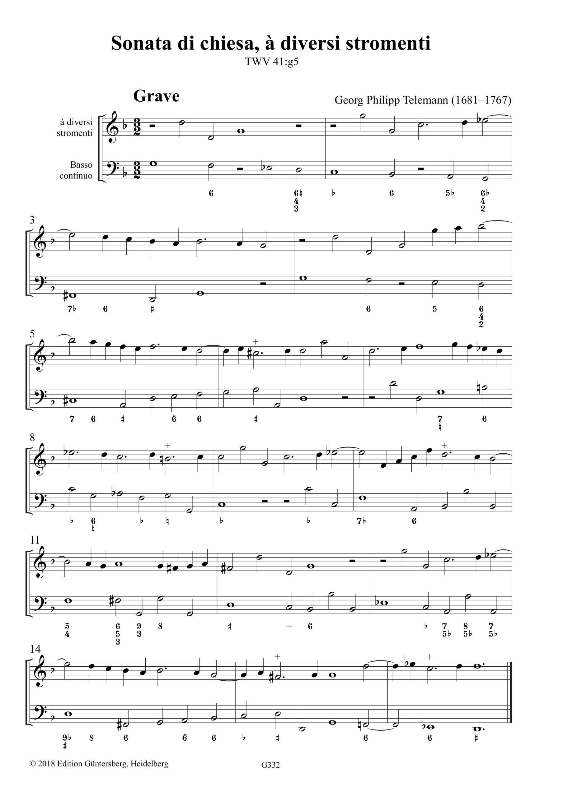 Georg Philipp Telemann (1681–1761) Sonata di chiesa, à diversi stromenti - Sonata G-Moll für ein hohes oder tiefes Melodie-Instrument und Basso continuo, TWV 41:g5 – Bild 3