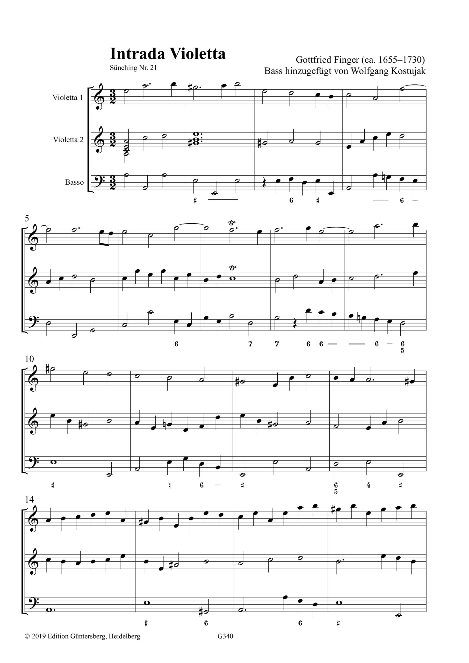 Gottfried Finger (ca. 1655-1730) Sünching-Manuskript - Intrada Violetta für zwei Diskantgamben und Basso continuo – Bild 4