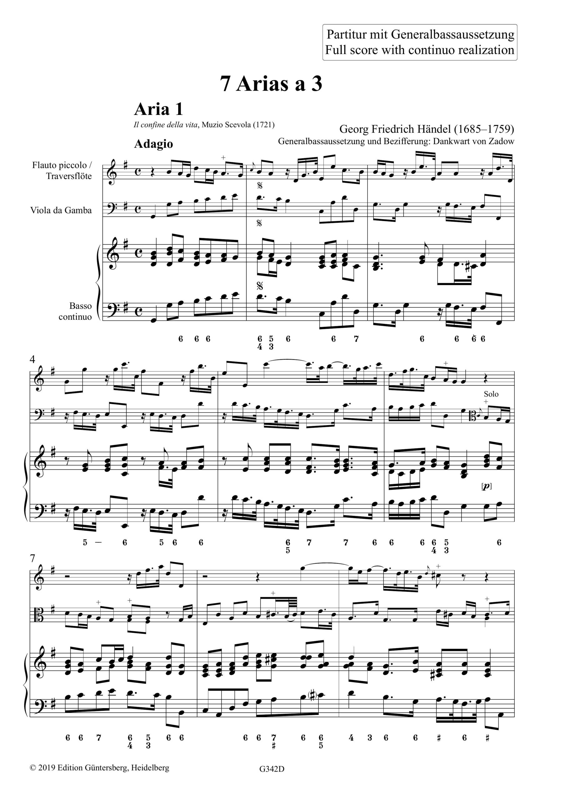 Georg Friedrich Händel (1685-1759) 7 Arias a 3 - für Flauto piccolo / Traversflöte, Viola da Gamba und Basso continuo – Bild 8