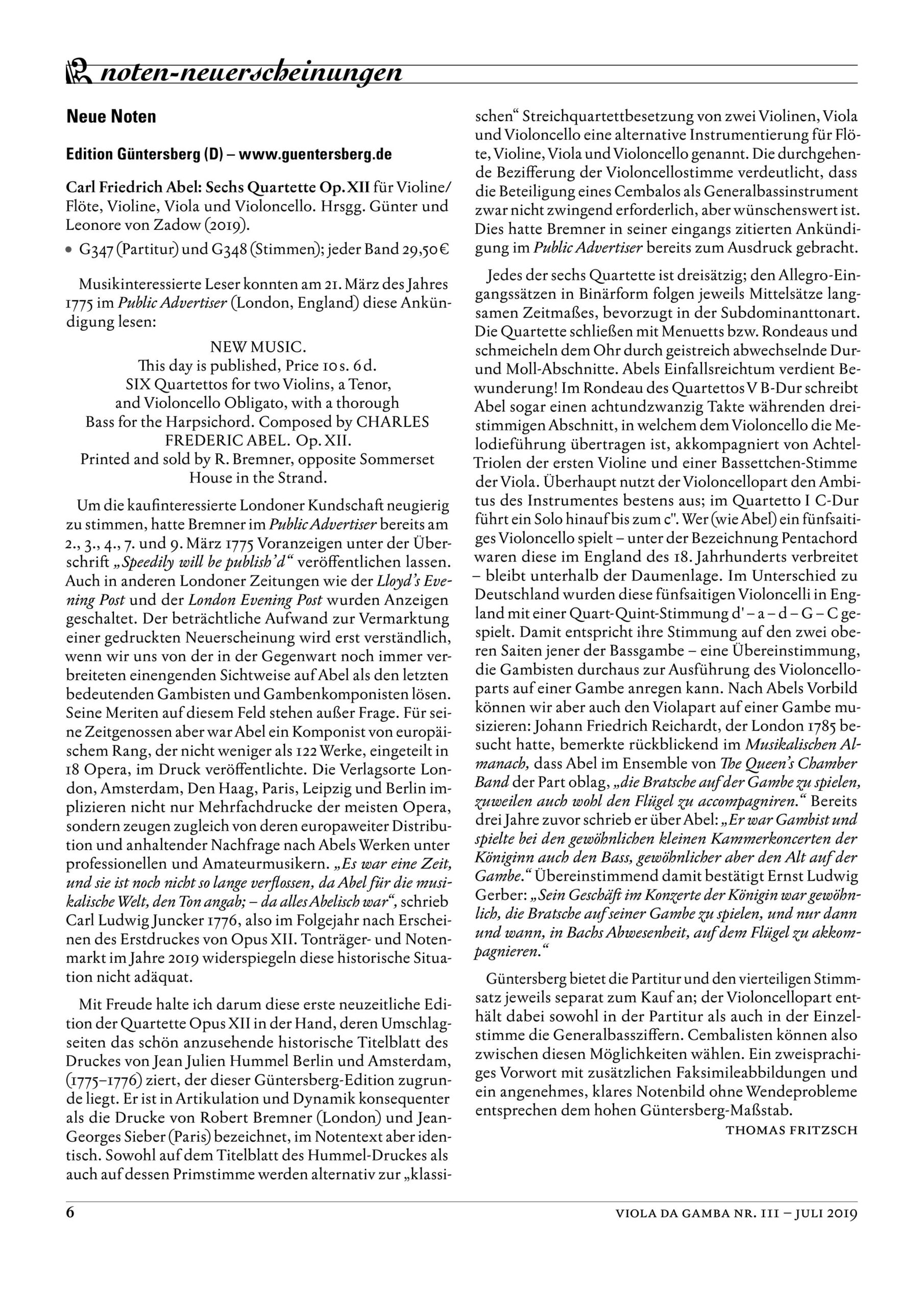 Carl Friedrich Abel (1723–1787) Sechs Quartette Op. XII - für Violine/Flöte, Violine, Viola und Violoncello (Partitur) – Bild 5