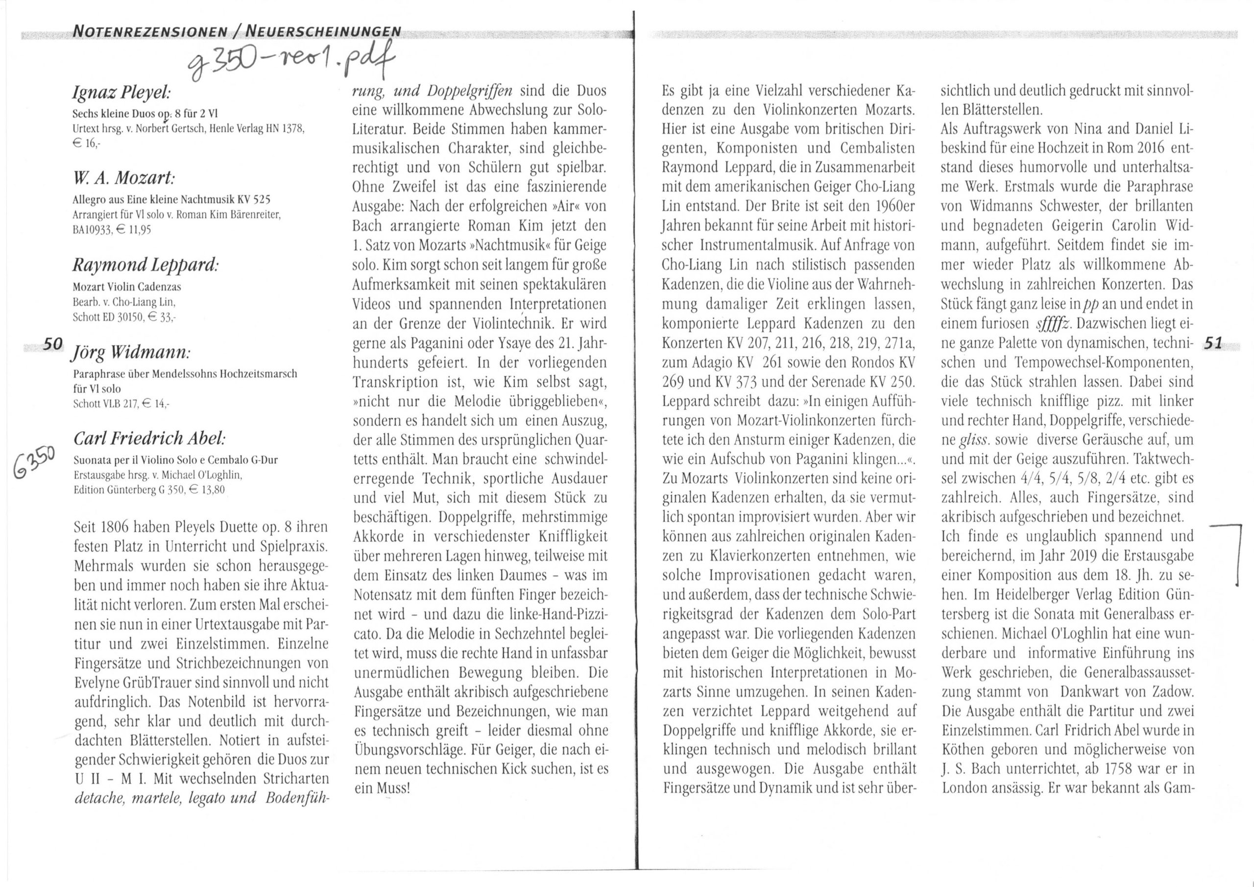 Carl Friedrich Abel (1723–1787) Suonata per il Violino Solo e Cembalo G-Dur - Besprechungen / Reviews – Bild 5