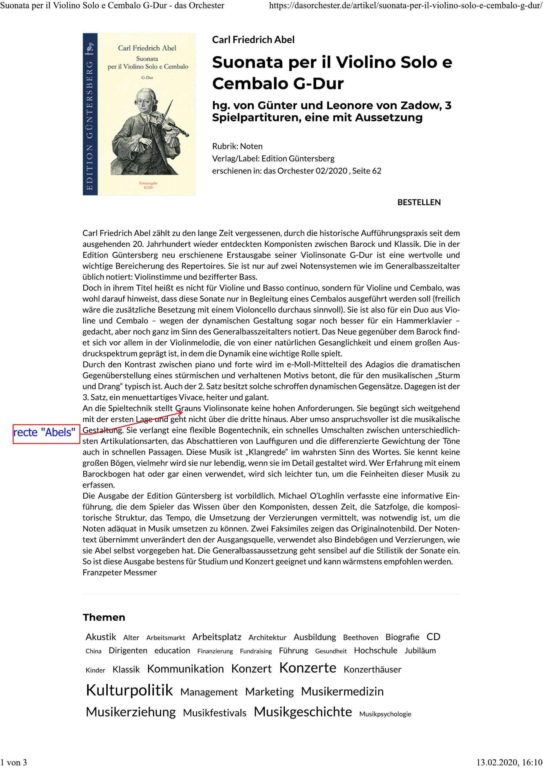 Carl Friedrich Abel (1723–1787) Suonata per il Violino Solo e Cembalo G-Dur - Besprechungen / Reviews – Bild 7