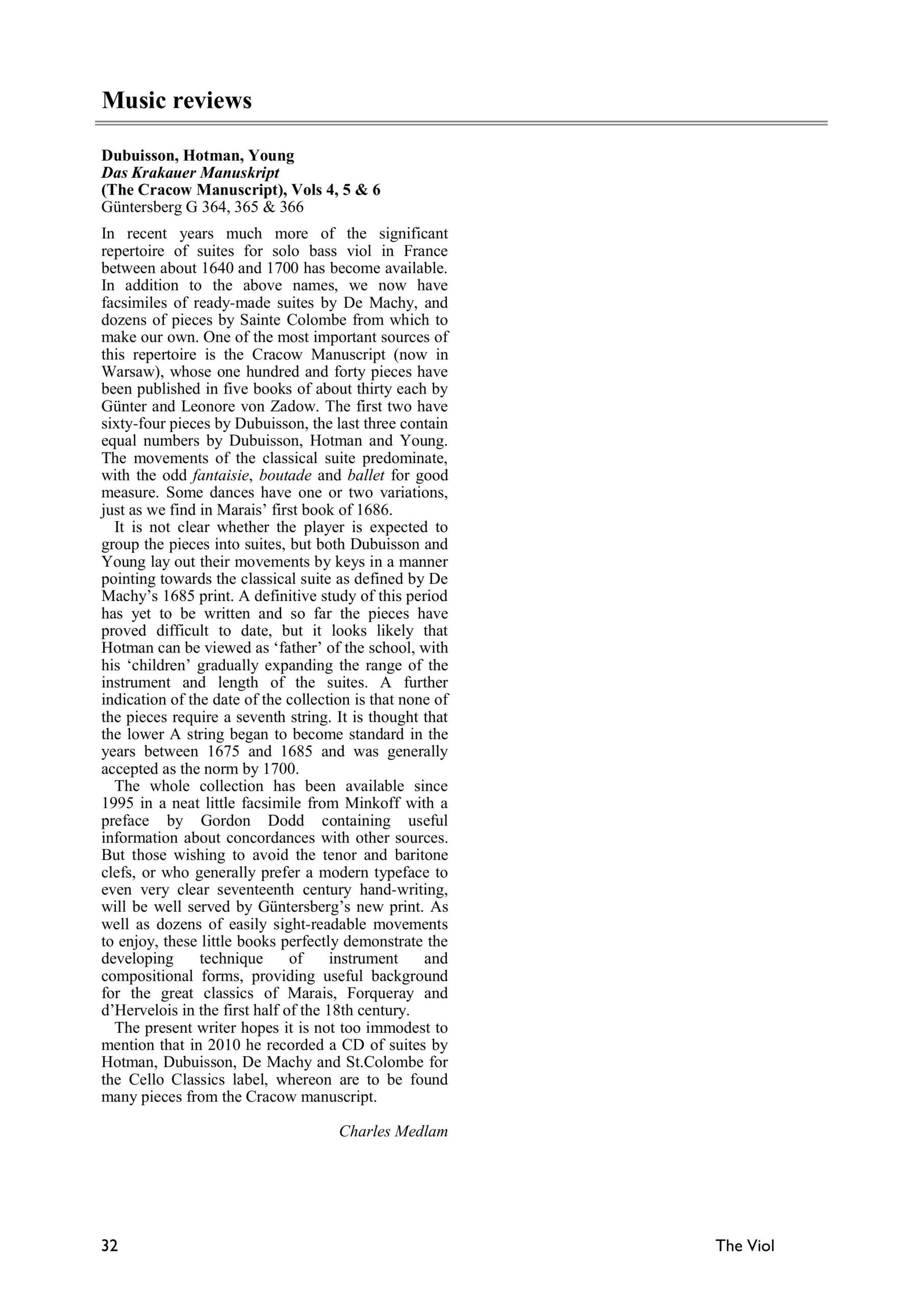 Dubuisson, Nicolas Hotman, William Young (ca. 1655) Das Krakauer Manuskript für Viola da Gamba solo - Besprechungen / Reviews – Bild 5