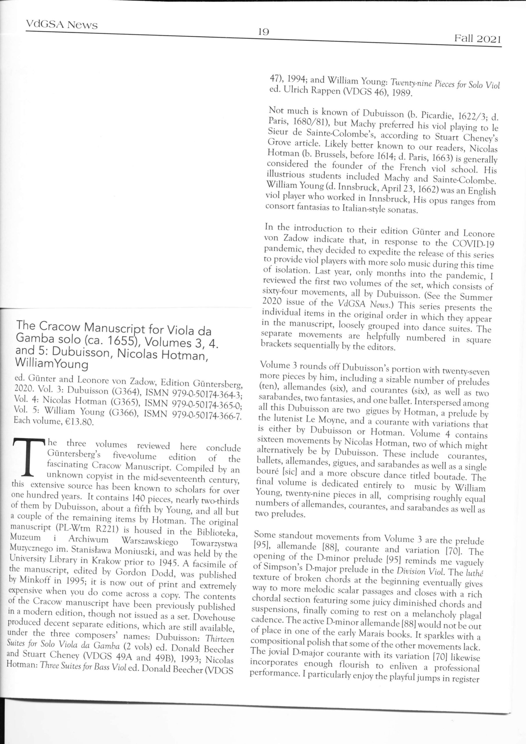 Dubuisson, Nicolas Hotman, William Young (ca. 1655) Das Krakauer Manuskript für Viola da Gamba solo - Besprechungen / Reviews – Bild 6