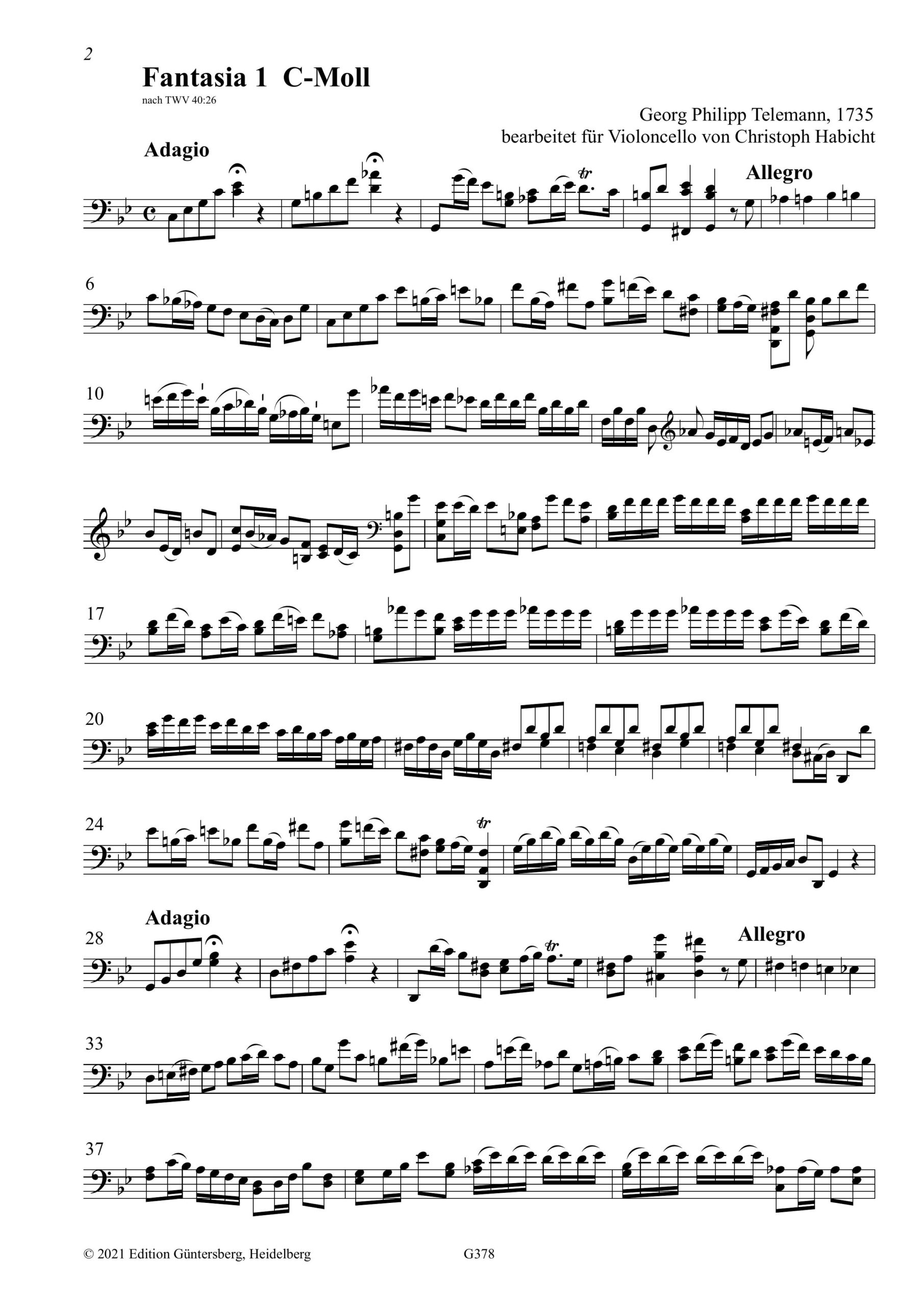 Georg Philipp Telemann (1681–1767) Zwölf Fantasien für Violoncello solo - Bearbeitung der Fantasien für Viola da Gamba TWV 40:26–37 – Bild 3