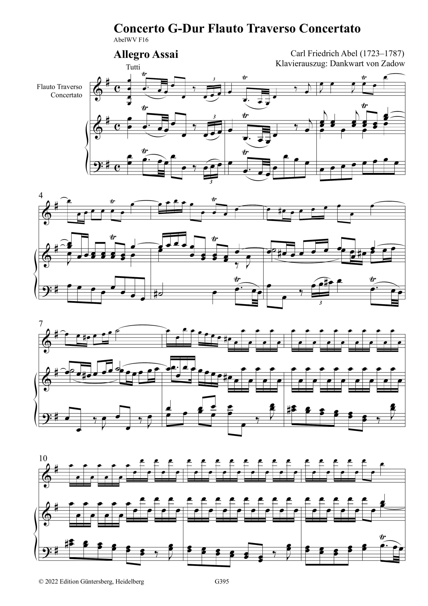 Carl Friedrich Abel (1723-1787) Concerto G-Dur Flauto Traverso Concertato - für Traversflöte, zwei Violinen, Viola und Basso – Bild 2