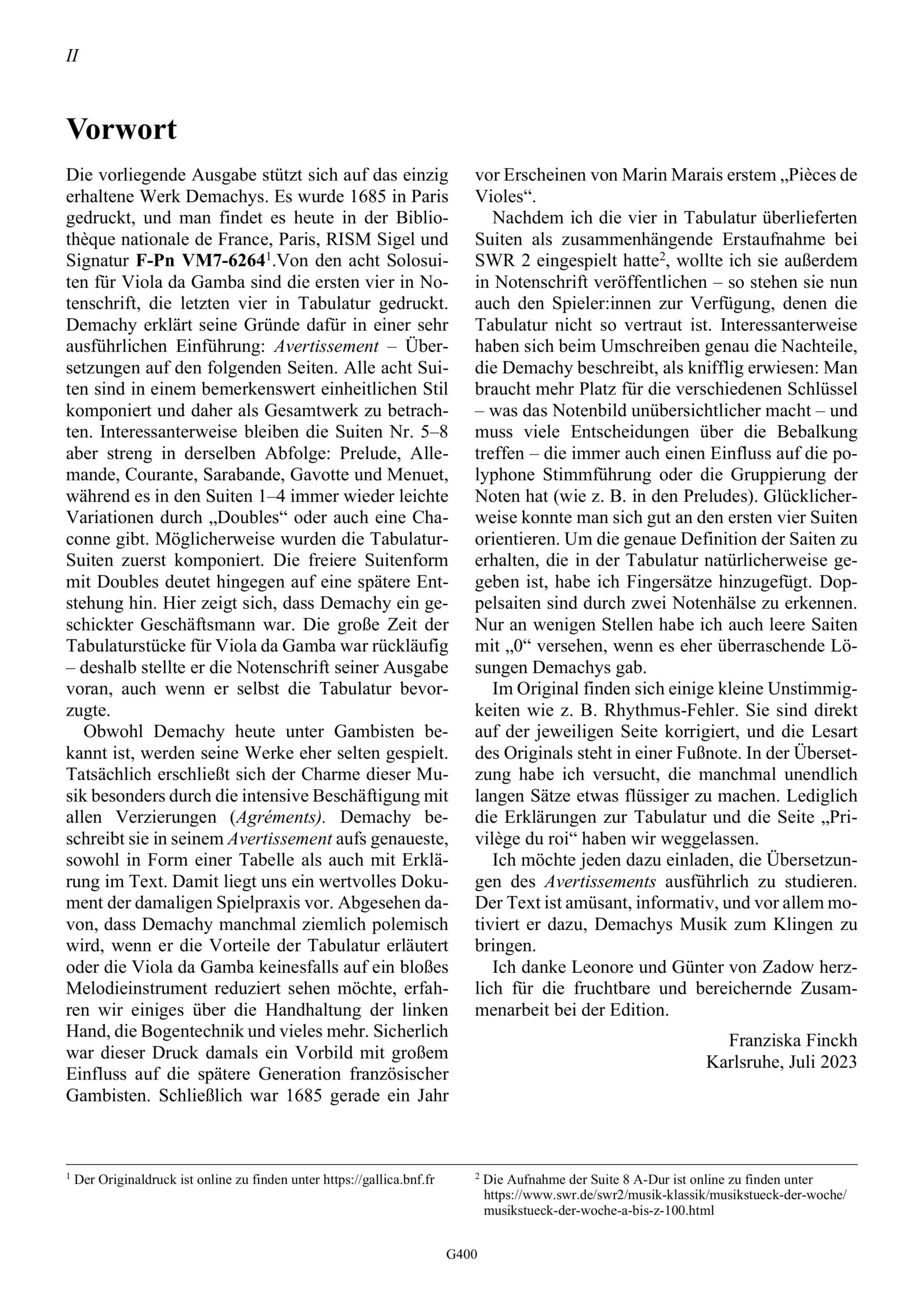 Demachy (2. Hälfte 17. Jahrhundert) Pieces de Violle - Acht Suiten für Viola da Gamba solo – Bild 2