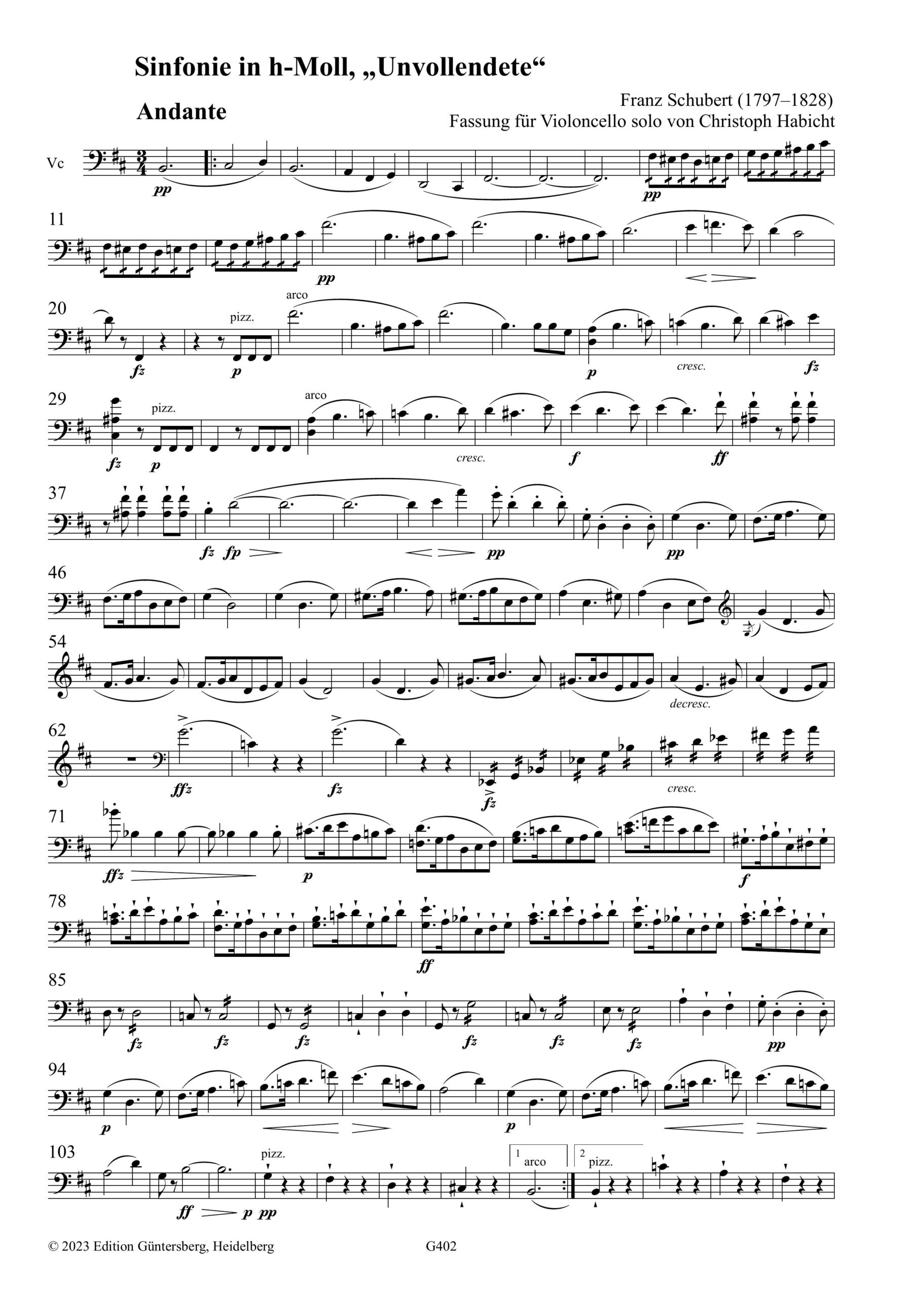 Franz Schubert (1779–1828) Sinfonie in h-Moll, "Unvollendete" - Fassungen für Violoncello solo, zwei und drei Violoncelli von Christoph Habicht – Bild 4