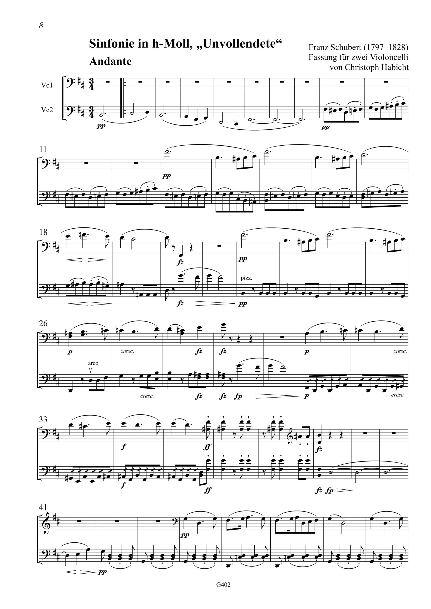 Franz Schubert (1779–1828) Sinfonie in h-Moll, "Unvollendete" - Fassungen für Violoncello solo, zwei und drei Violoncelli von Christoph Habicht – Bild 5