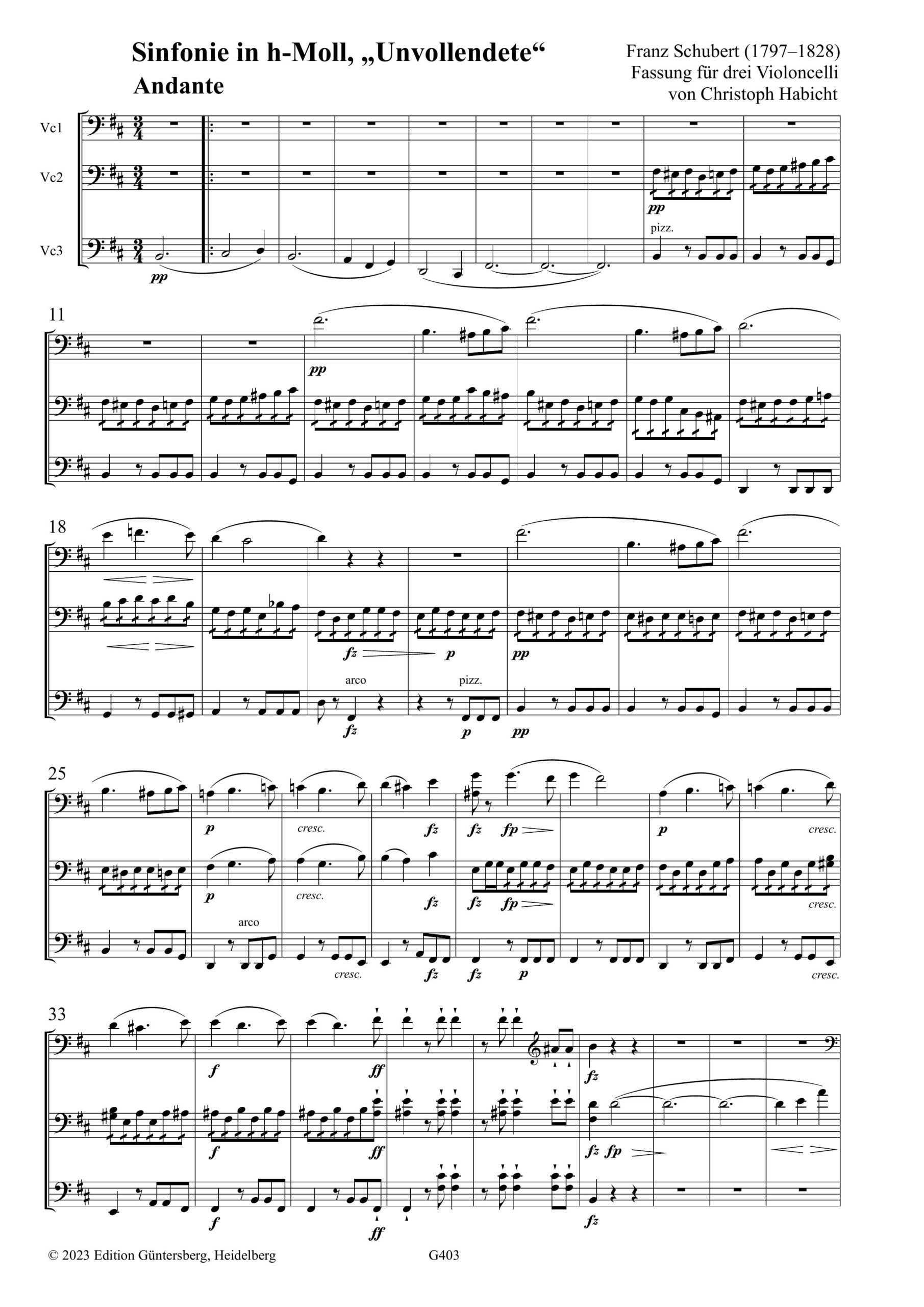 Franz Schubert (1779–1828) Sinfonie in h-Moll, "Unvollendete" - Fassungen für Violoncello solo, zwei und drei Violoncelli von Christoph Habicht – Bild 2
