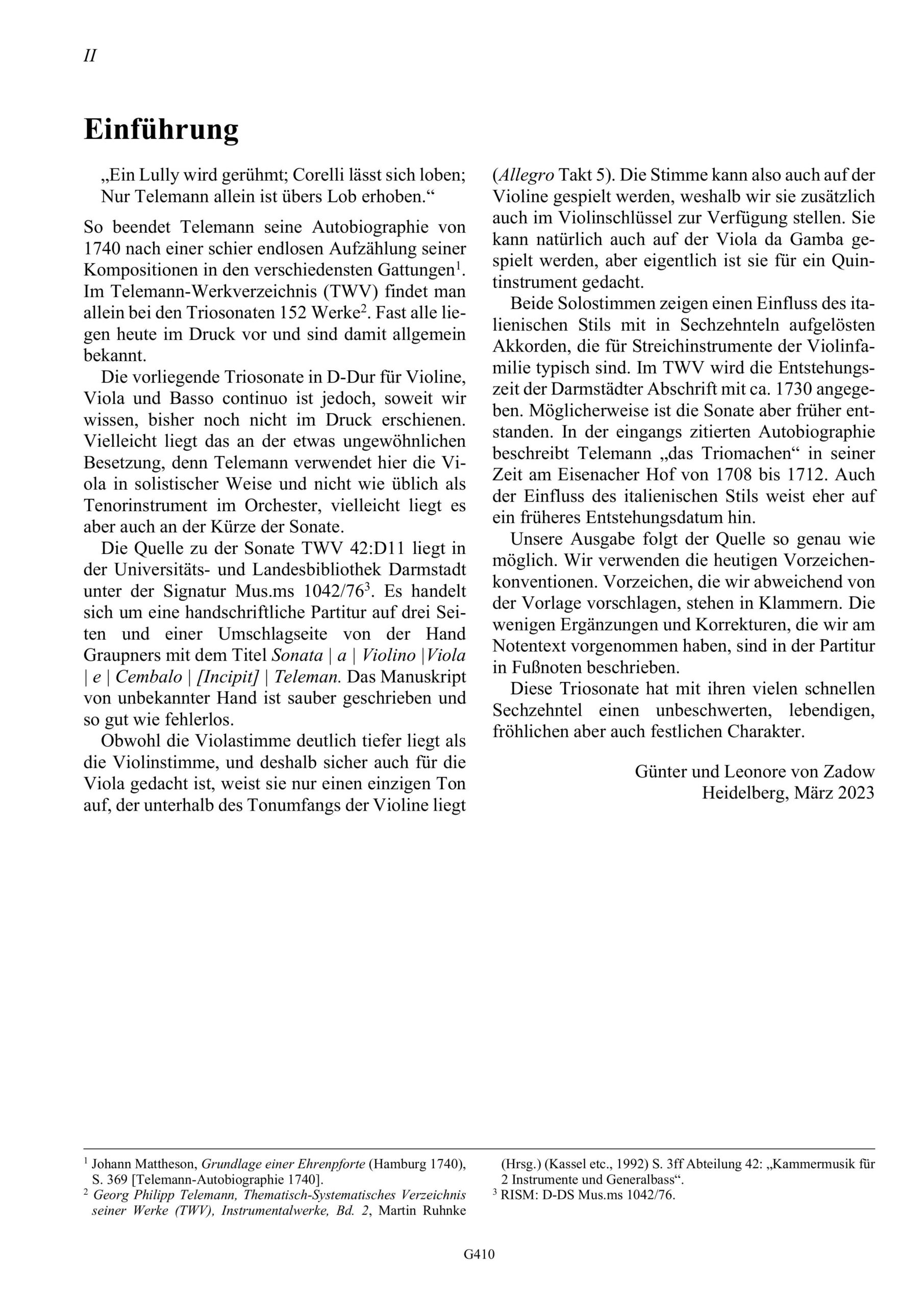 Georg Philipp Telemann (1681–1767) Triosonate D-Dur für Violine, Viola oder 2. Violine und Basso continuo - TWV 42:D11 – Bild 2