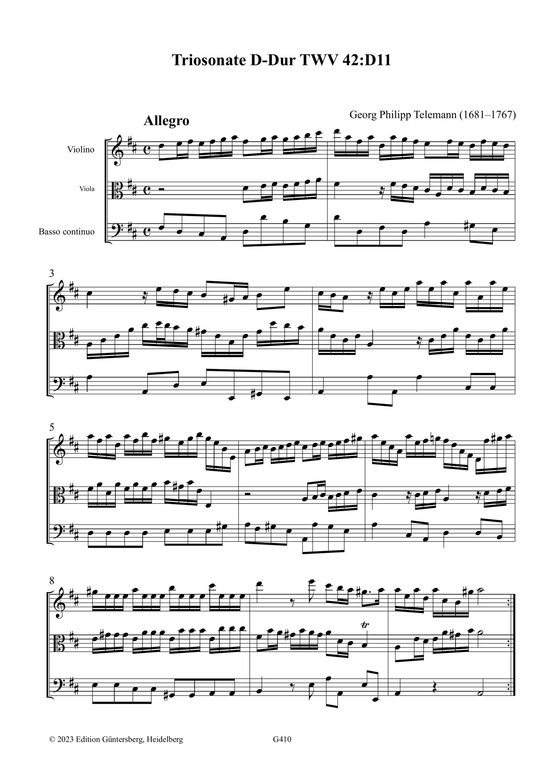 Georg Philipp Telemann (1681–1767) Triosonate D-Dur für Violine, Viola oder 2. Violine und Basso continuo - TWV 42:D11 – Bild 3