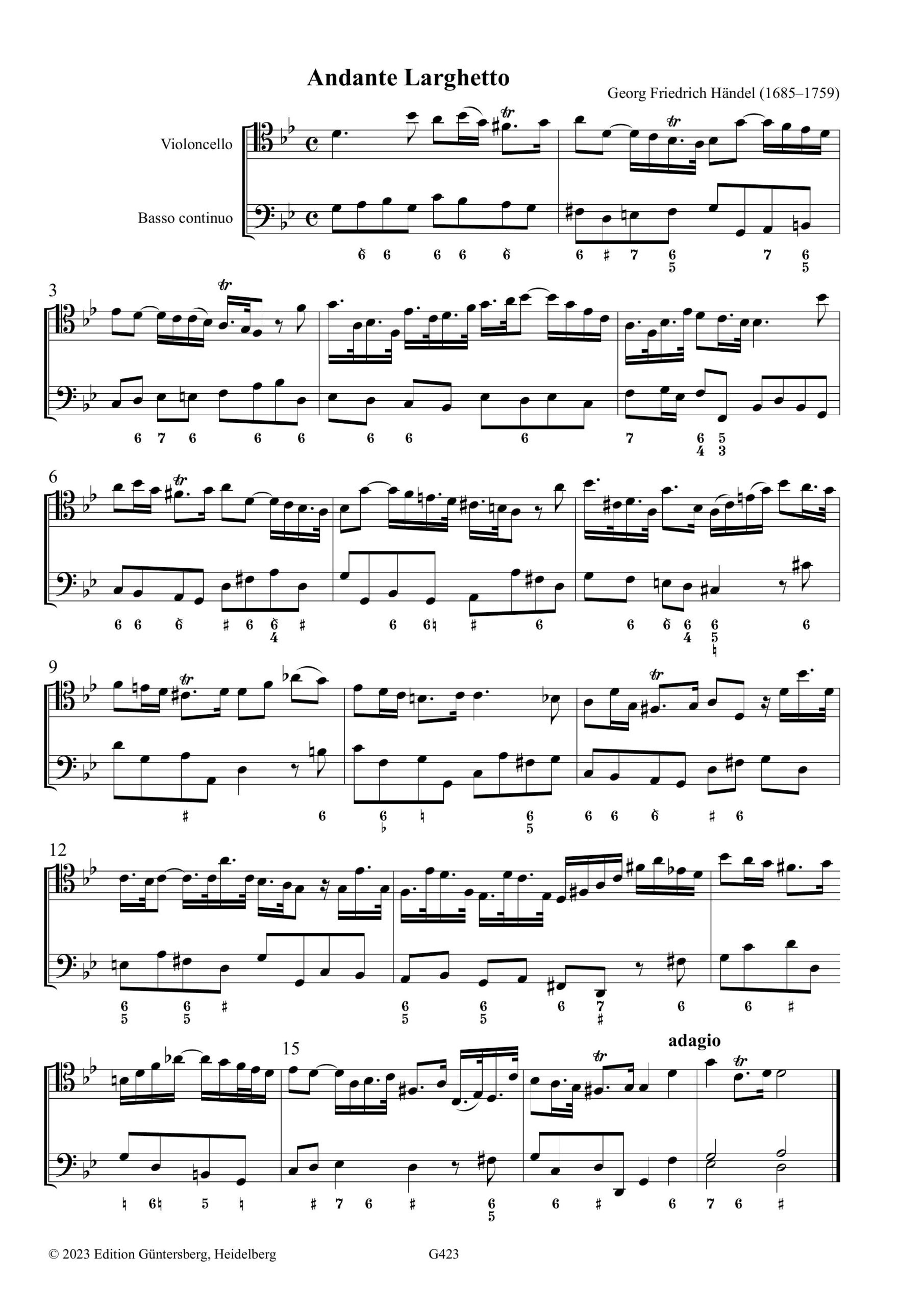 Georg Friedrich Händel (1685–1759) Sonata G-Moll HWV 364 für Violoncello und Basso continuo - Violoncellofassung der Sonate für Violine bzw. Viola da Gamba – Bild 4