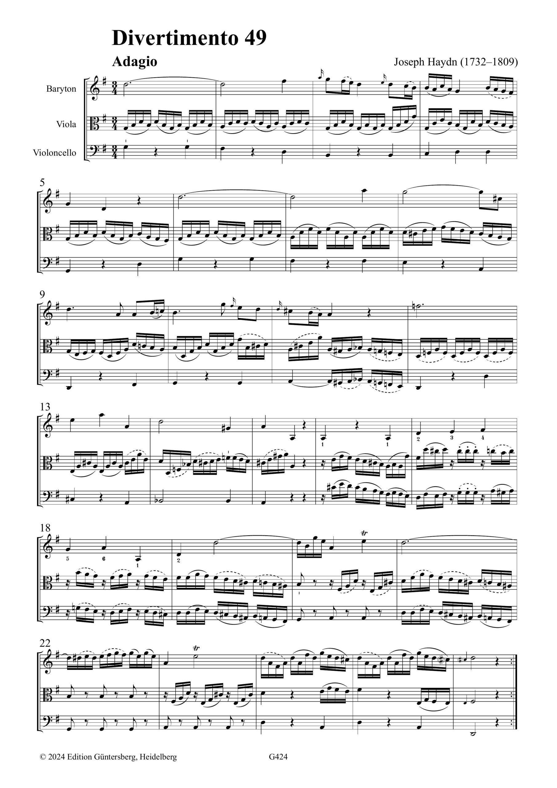 Joseph Haydn (1732–1809) 24 Divertimenti a tre (Barytontrios 49–72) - für Baryton (Viola da Gamba, Violine), Viola und Violoncello - Image 4