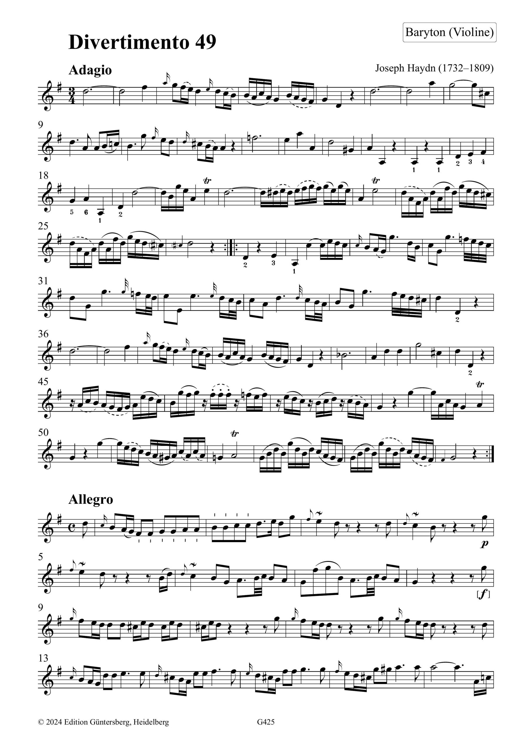 Joseph Haydn (1732–1809) 24 Divertimenti a tre (Barytontrios 49–72) - für Baryton (Viola da Gamba, Violine), Viola und Violoncello - Image 2