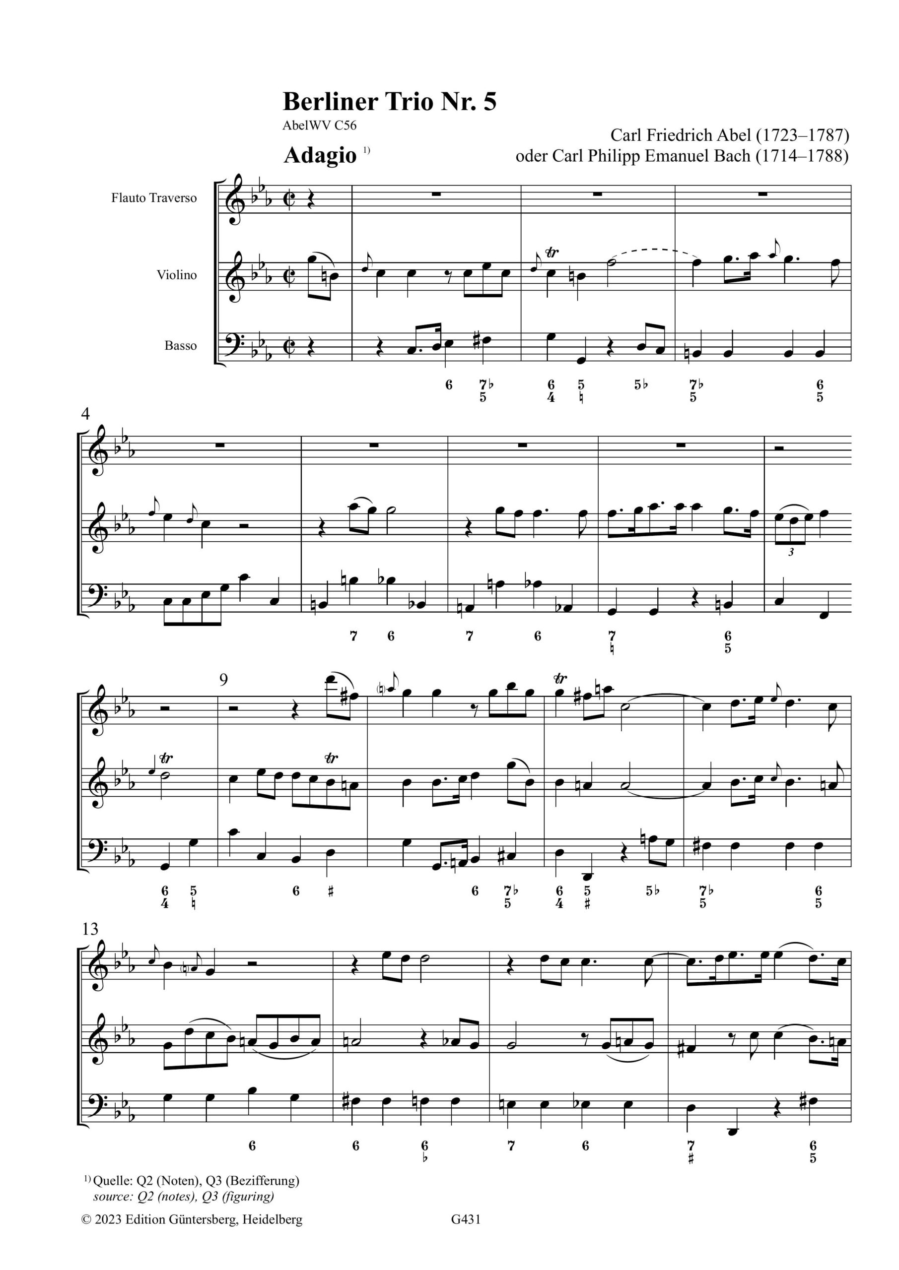 Carl Friedrich Abel (1723–1787) Sieben Berliner Trios - für Traversflöte und zweite Traversflöte oder Violine und Basso – Bild 4