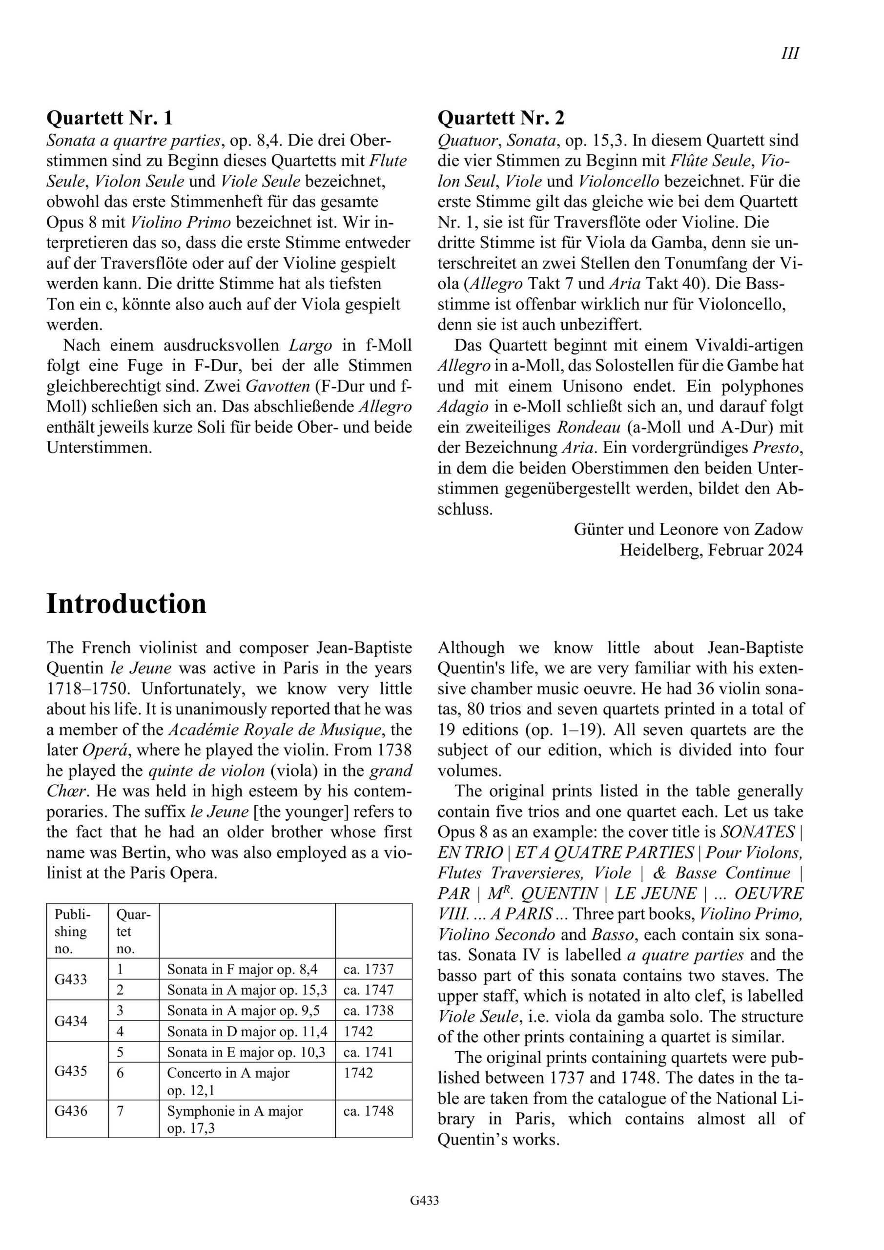 Jean-Baptiste Quentin (vor 1700 – ca. 1767) Sieben Quartette - für Traversflöte/Violine, Violine, Viola da Gamba und Basso continuo – Bild 3