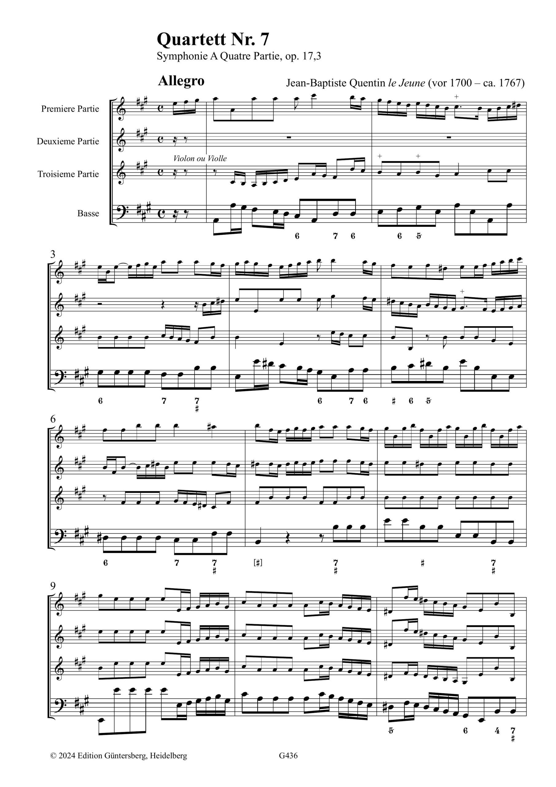 Jean-Baptiste Quentin (vor 1700 – ca. 1767) Sieben Quartette - für Traversflöte/Violine, Violine, Viola da Gamba und Basso continuo – Bild 2