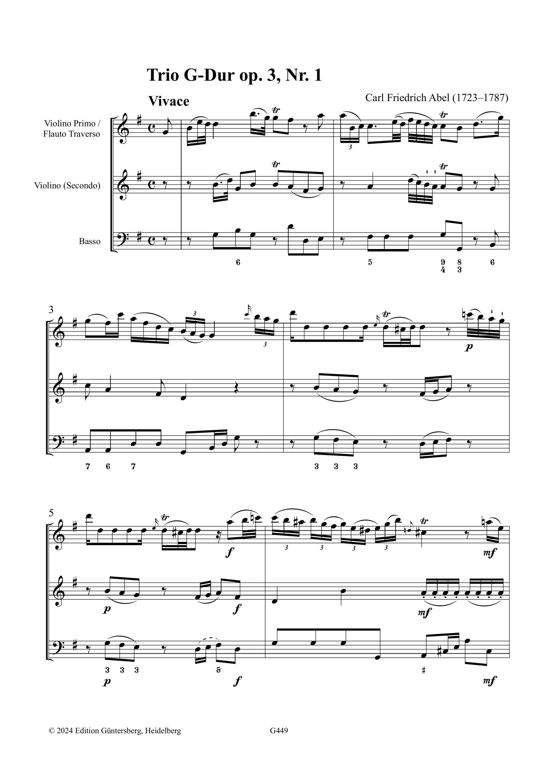 Carl Friedrich Abel (1723–1787) Sechs Trios op. 3 - für Violine/Flöte, Violine und Basso – Bild 2