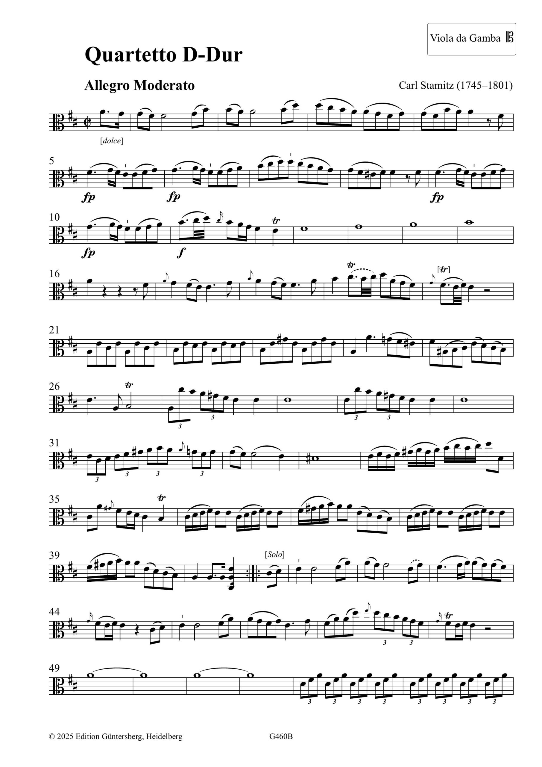 Carl Stamitz (1745–1801) Quartetto D-Dur - für Viola da Gamba, Violine, Viola und Violoncello – Bild 4