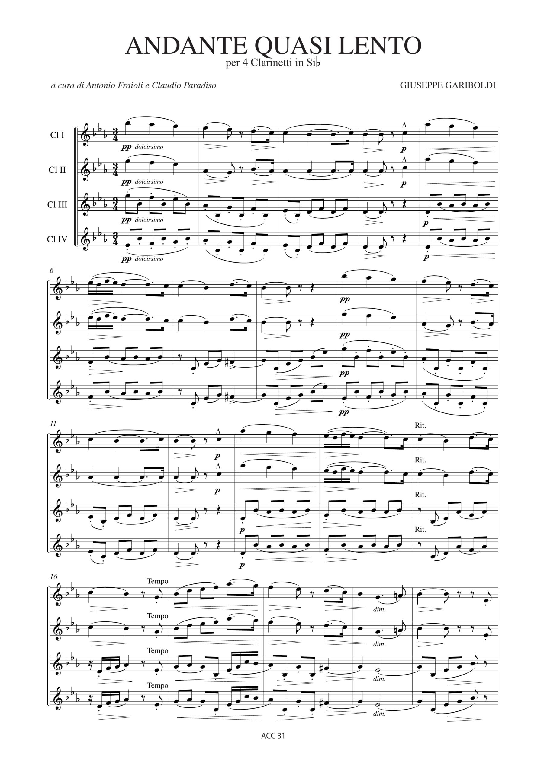 Gariboldi, Giuseppe: Andante quasi Lento per 4 Clarinetti in Si bemolle - Image 2