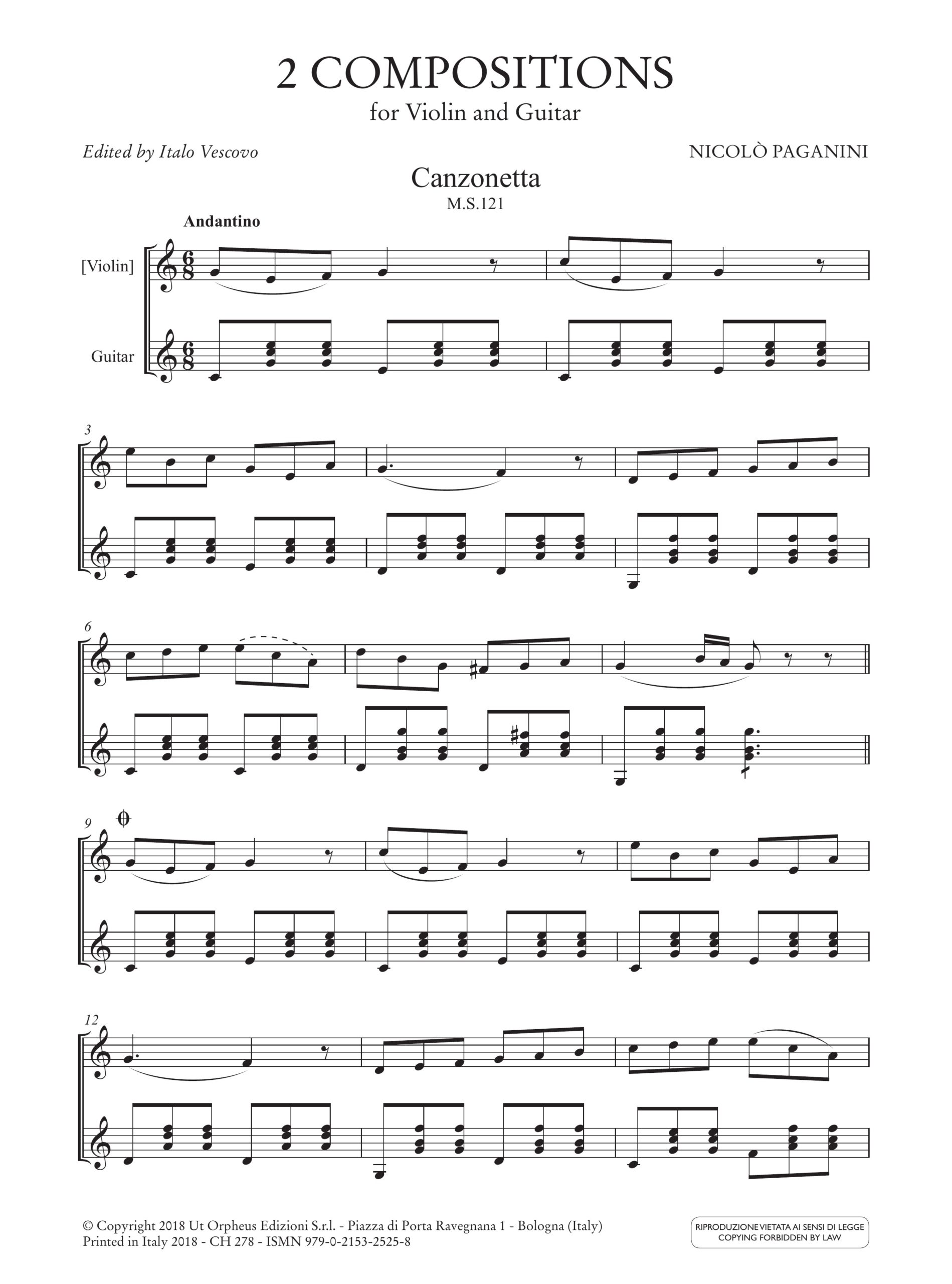 Paganini, Niccolò: 2 Composizioni (Canzonetta M.S.121 - Duetto in C major M.S.122) per Violino e Chitarra - Image 2