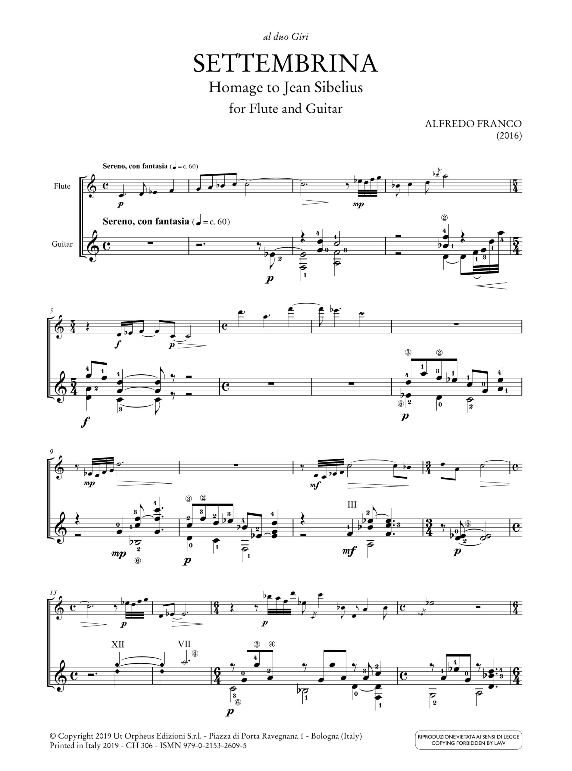 Franco, Alfredo: Settembrina. Homage to Jean Sibelius per Flauto e Chitarra (2016) - Image 2