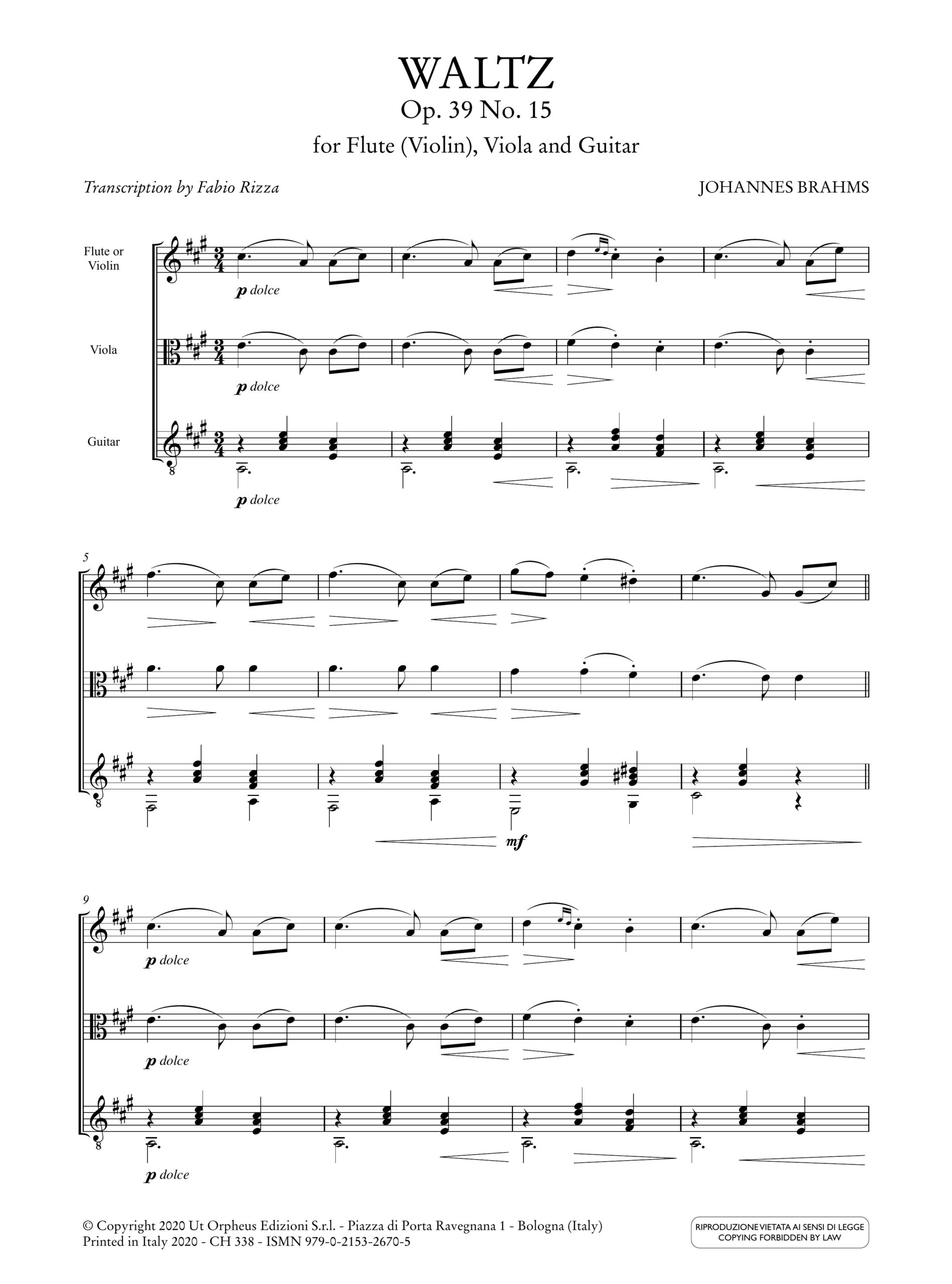 Brahms, Johannes: Valzer op. 39 n. 15 per Flauto (Violino), Viola e Chitarra - Image 2