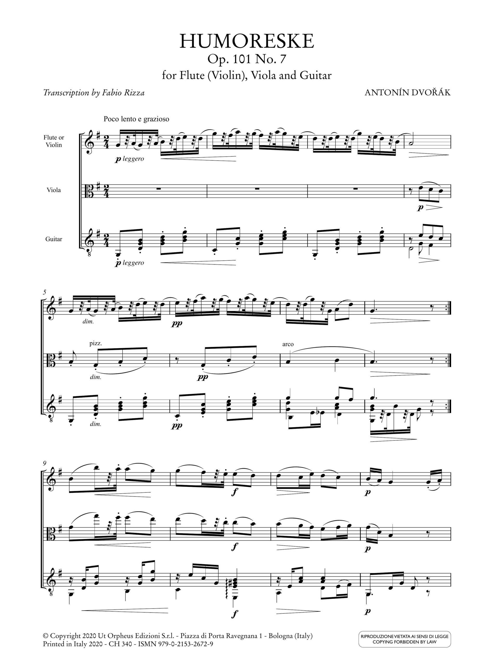 Dvořák, Antonín: Humoreske op. 101 n. 7 per Flauto (Violino), Viola e Chitarra - Image 2