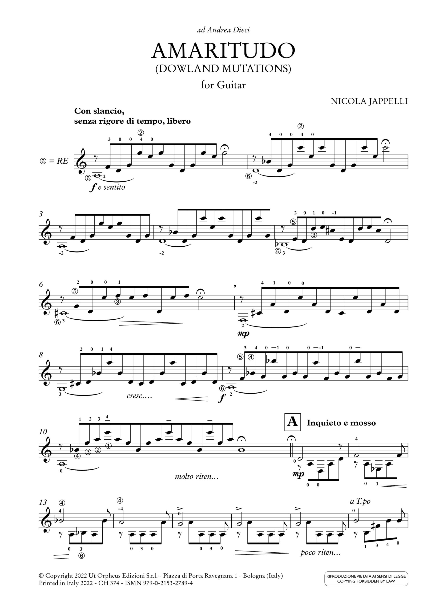 Jappelli, Nicola: Amaritudo (Dowland Mutations) per Chitarra (2018) - Image 2